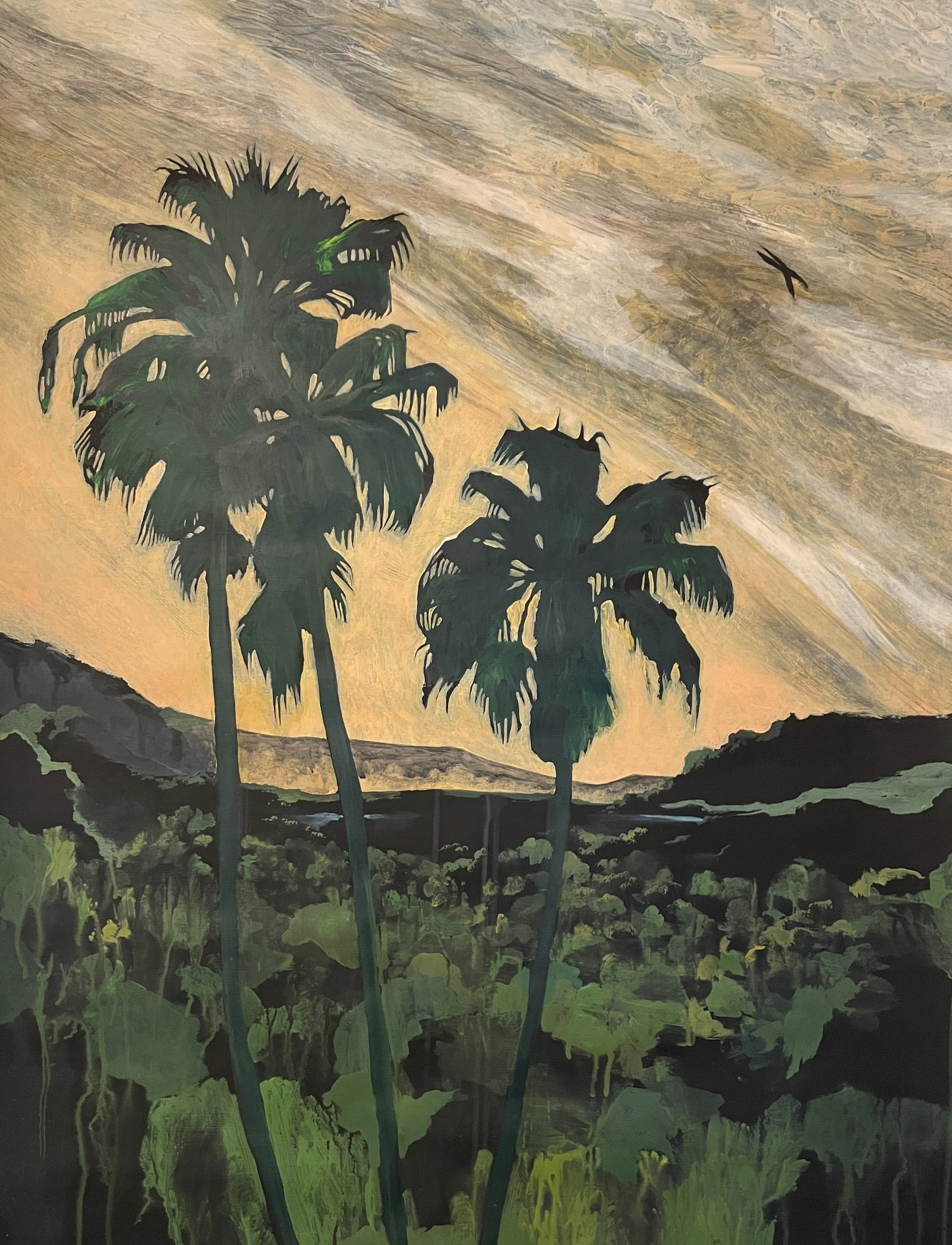 Wild Open Spaces (three palms with bird) 28" x 36" acrylic on paper mounted on wood panel $1200