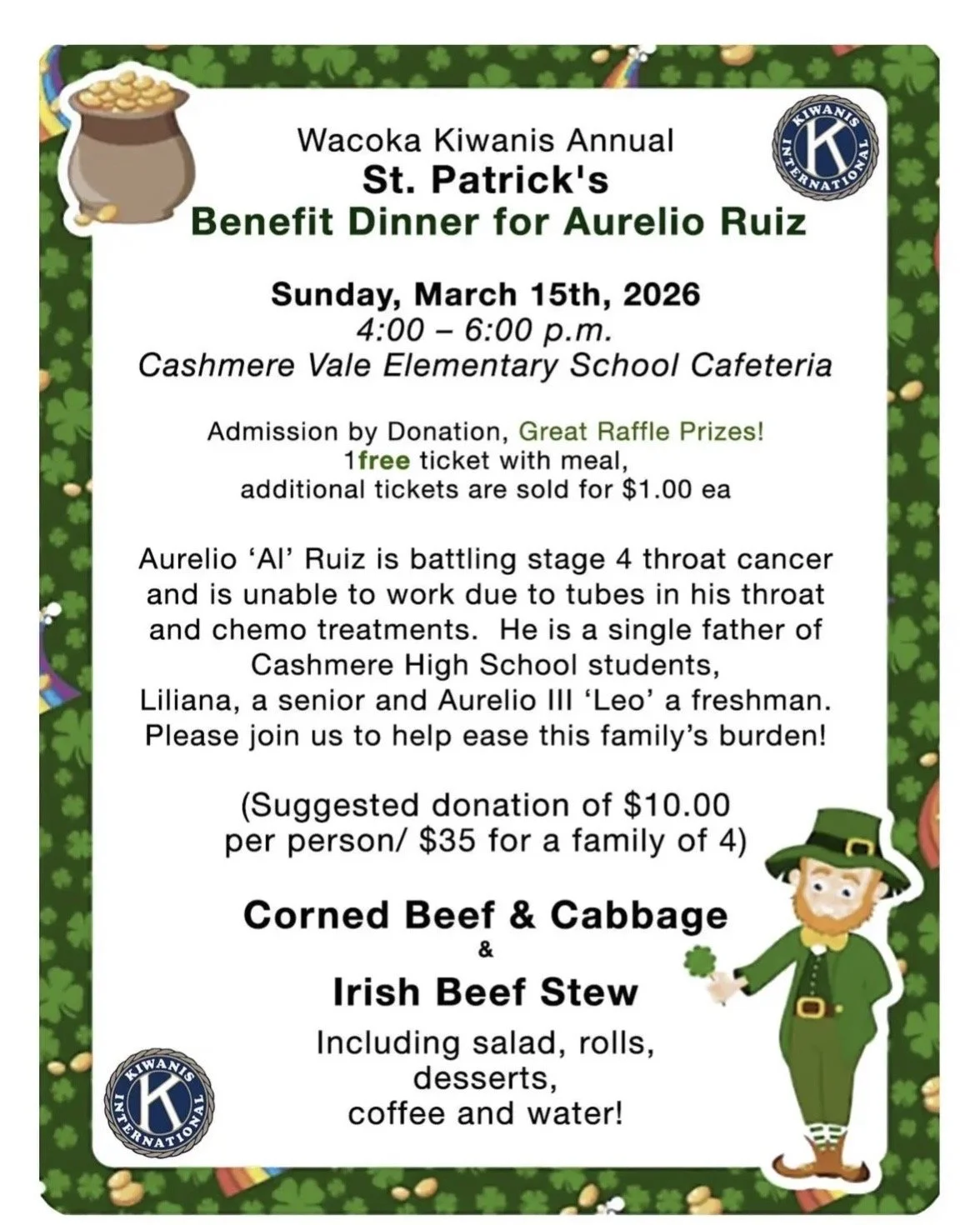 Wacoka Kiwanis Annual St. Patrick's Benefit Dinner for Aurelio Ruiz