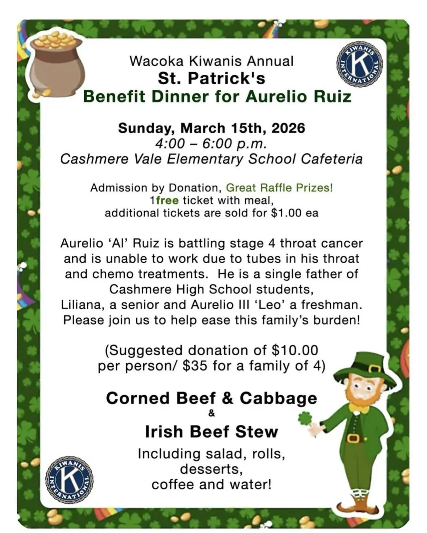 Next Sunday Evening!  Help support a local family and enjoy a dinner of Corned beef and cabbage! 

#discovercashmere #fundraiser #localfamilyneedsyourhelp #cornedbeef