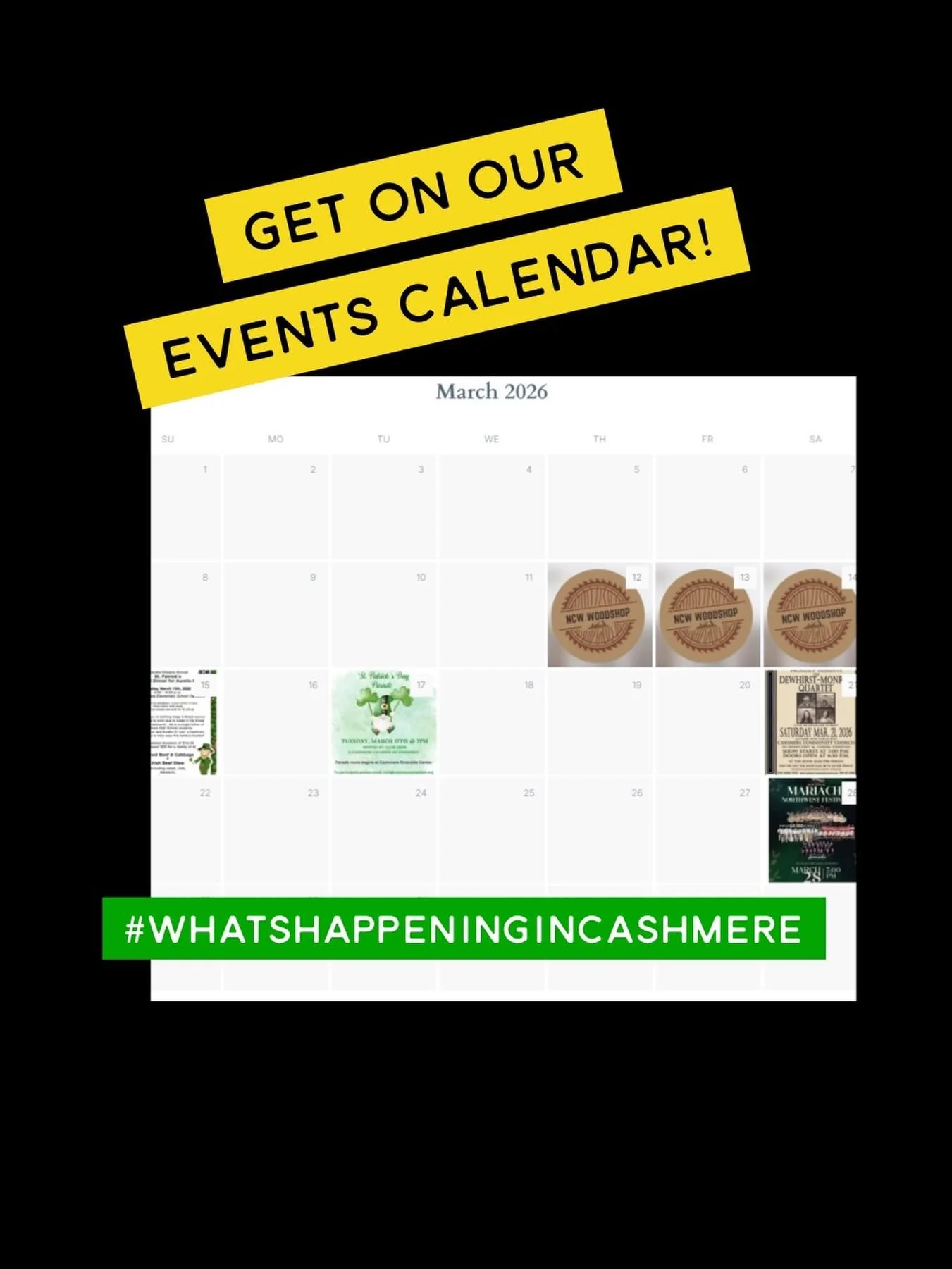 It&rsquo;s never too late to start a New Years Resolution! 

We are committed to keeping our events calendar up to date!  Send us a text (509-782-7404) or email (info@cashmerechamber.org) with your event, a flyer/picture/your business logo and we wil