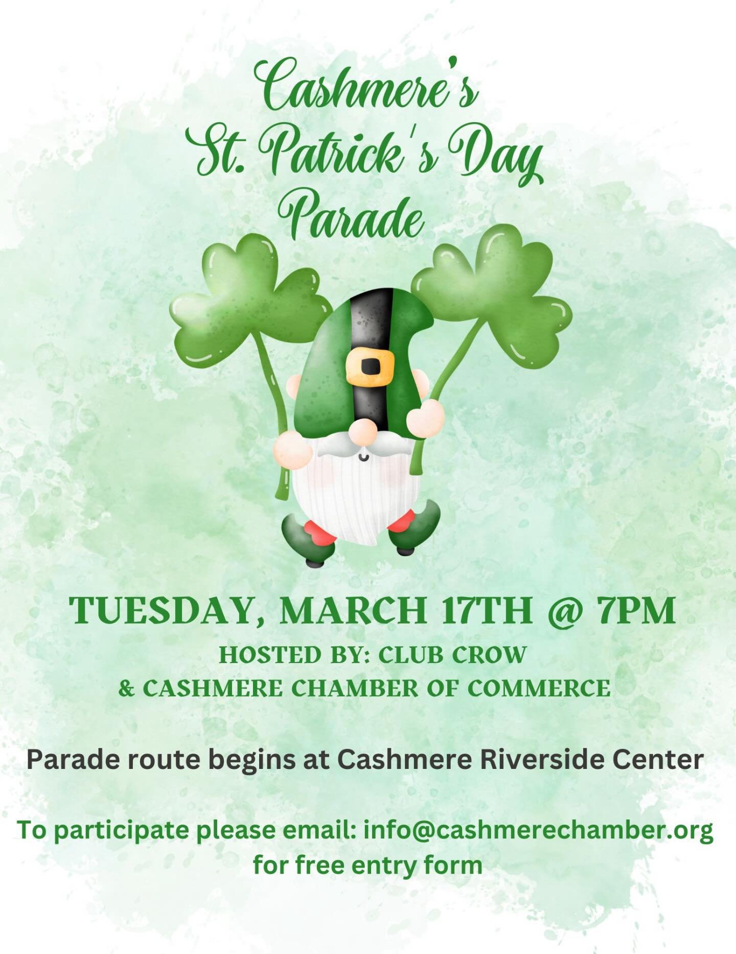 Tomorrow is the parade!  There is still time to sign up if you would like to join!  Text us at 509-782-7404 or email info@cashmere chamber.org and we will send you a registration form. 

#smalleststpatricksdayparade #discovercashmere #whatshappeningi