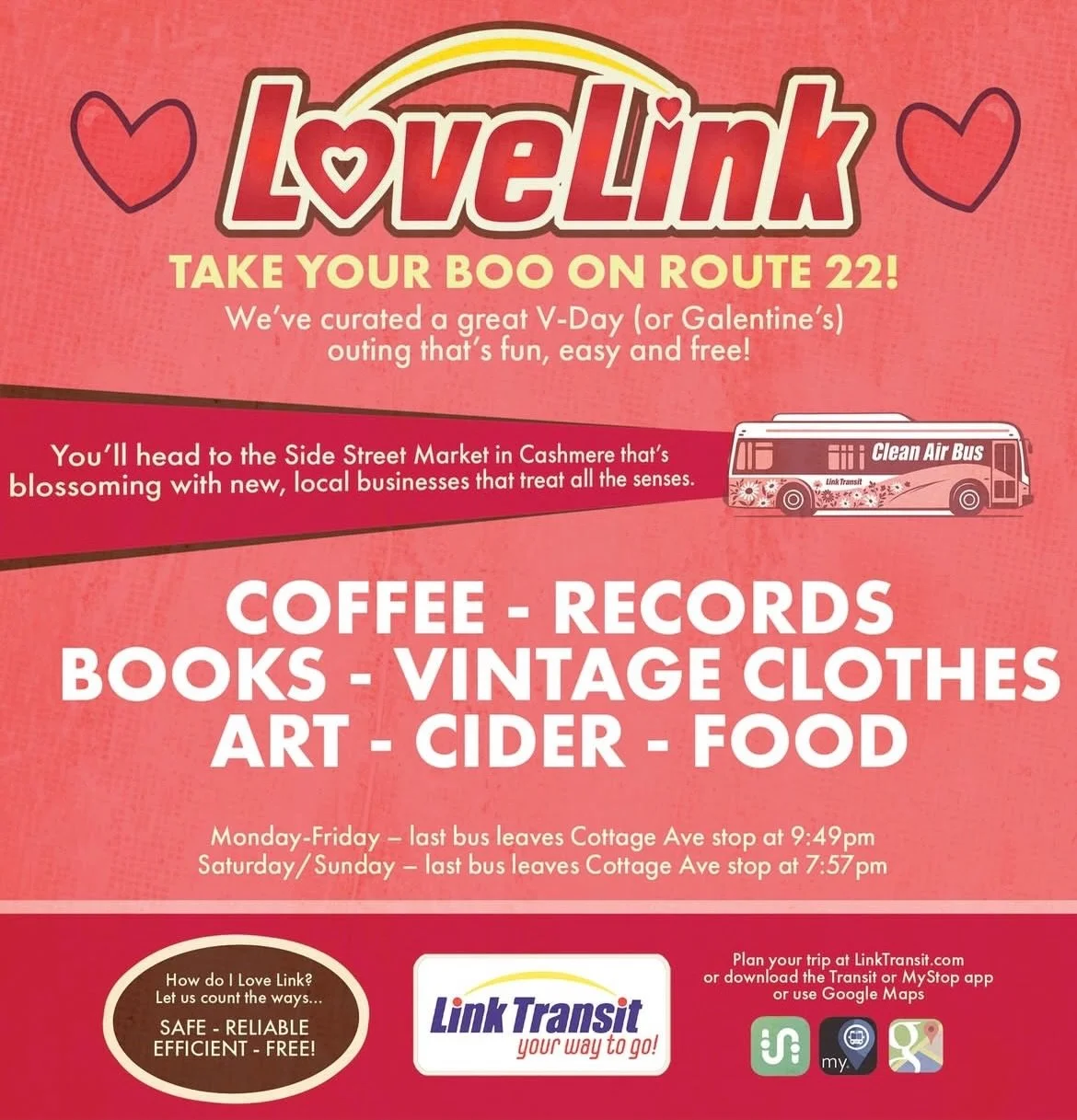 Take your Boo on Route 22! 

Spend the day in Cashmere for Valentine&rsquo;s Day!  The 22 Bus drops you off right downtown. 

Check out @yondereast @brassboundcollective @honeyhourmarket @gauchocoffeeco @understorybookshop @cashmererecordswa @ncwwood