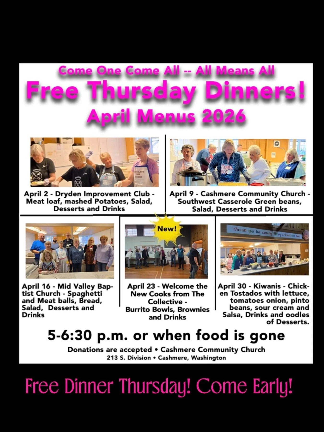 Every Thursday from 5-6:30pm the Cashmere Community Church hosts a free community dinner!  This open to everyone.  Each week a different organization makes dinner!  Come Early!  First come first serve! 

#whatshappeningincashmere #freecommunitydinner