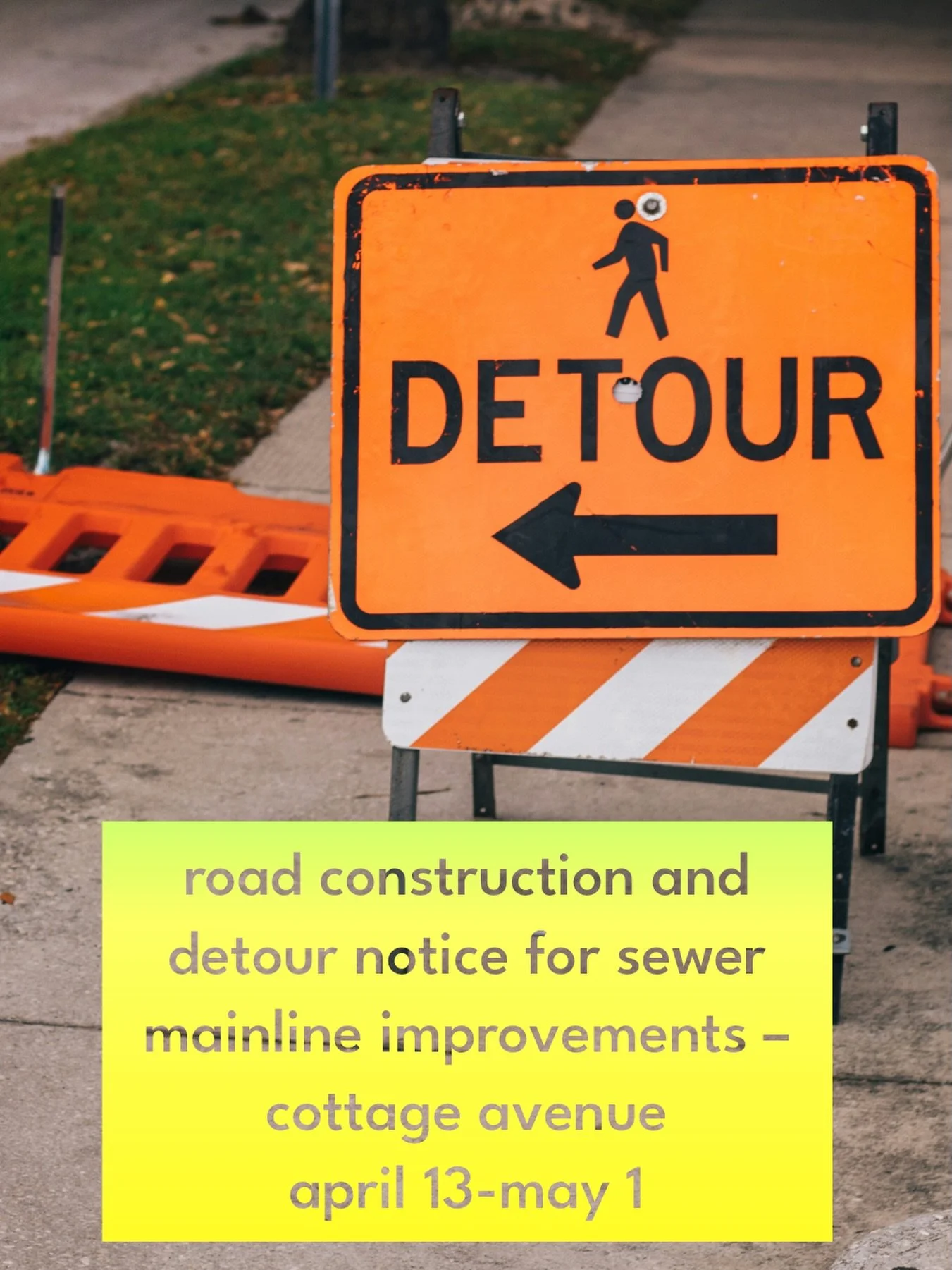 Heads up! 
Road Construction and Detour Notice for Sewer Mainline Improvements &ndash; Cottage Avenue
April 13-May 1

The City of Cashmere has contracted Pipkin Construction to make improvements to the sewer mainline on Cottage Avenue. Work will begi