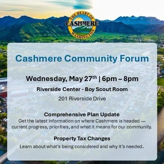 Get the latest information on where Cashmere is headed! 

Cashmere Community Forum May 27th 6-8pm Riverside Center Boy Scout Room

#whatshappeningincashmere #discovercashmere #communityforum #chelancounty #cashmerewa