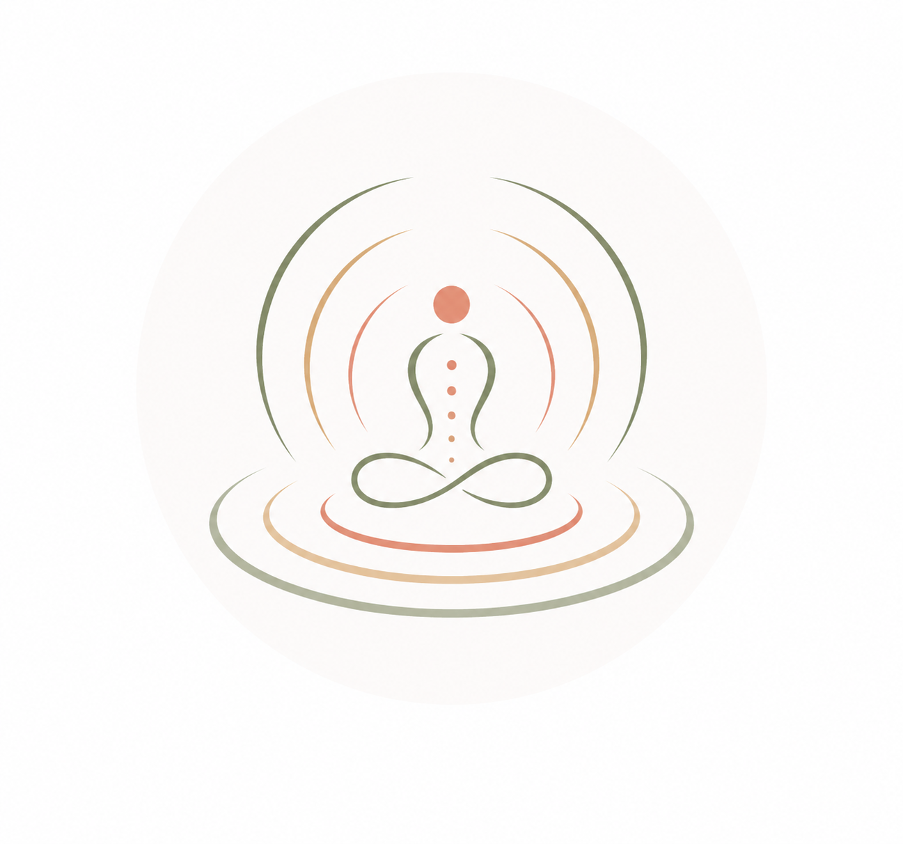 Minimalist abstract illustration of a person in a meditative yoga pose with concentric circles and dots representing energy or sound waves in soft pastel colors.