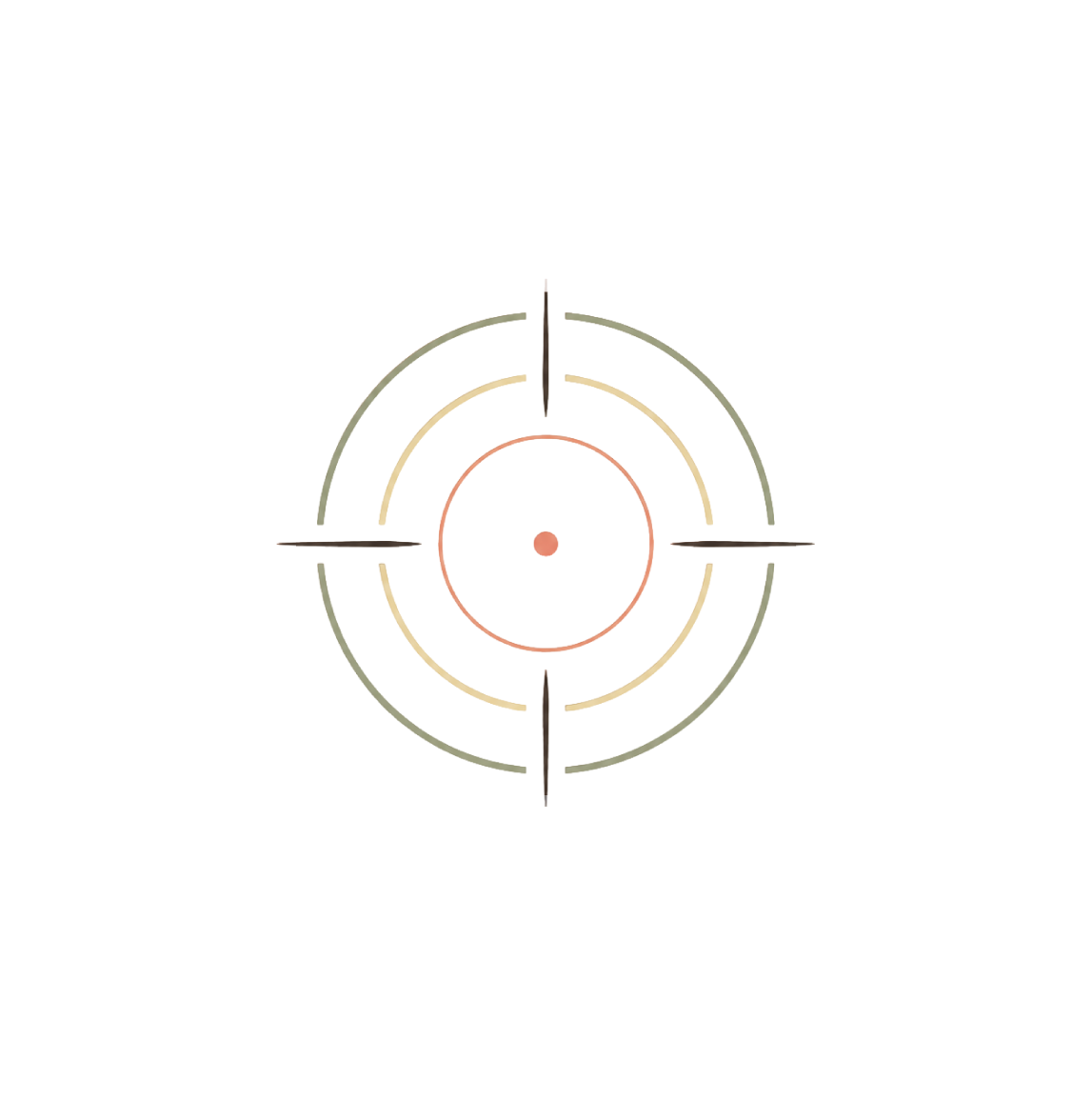 Target shooting crosshair with concentric circles and four outward lines on black background.
