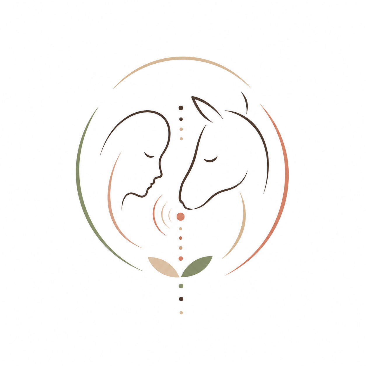 Line art illustration of a woman and a horse touching foreheads with closed eyes, surrounded by soft curved lines and leaves, symbolizing connection and harmony.