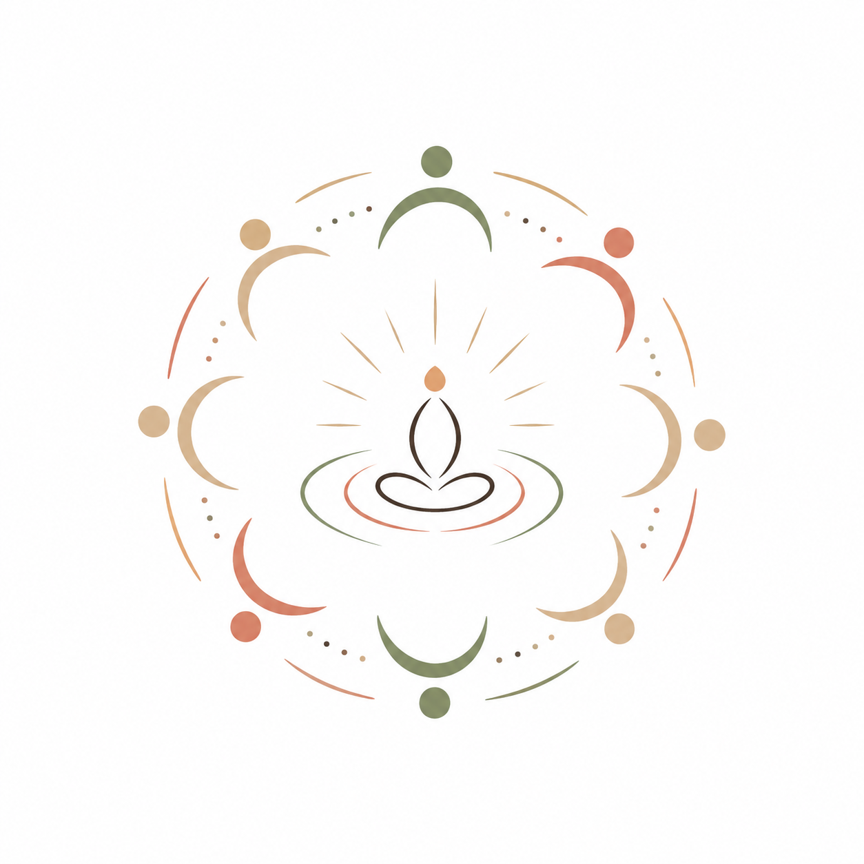 Abstract illustration of a yoga pose with a flame above, surrounded by a circular pattern of moon phases and dots in earthy tones.