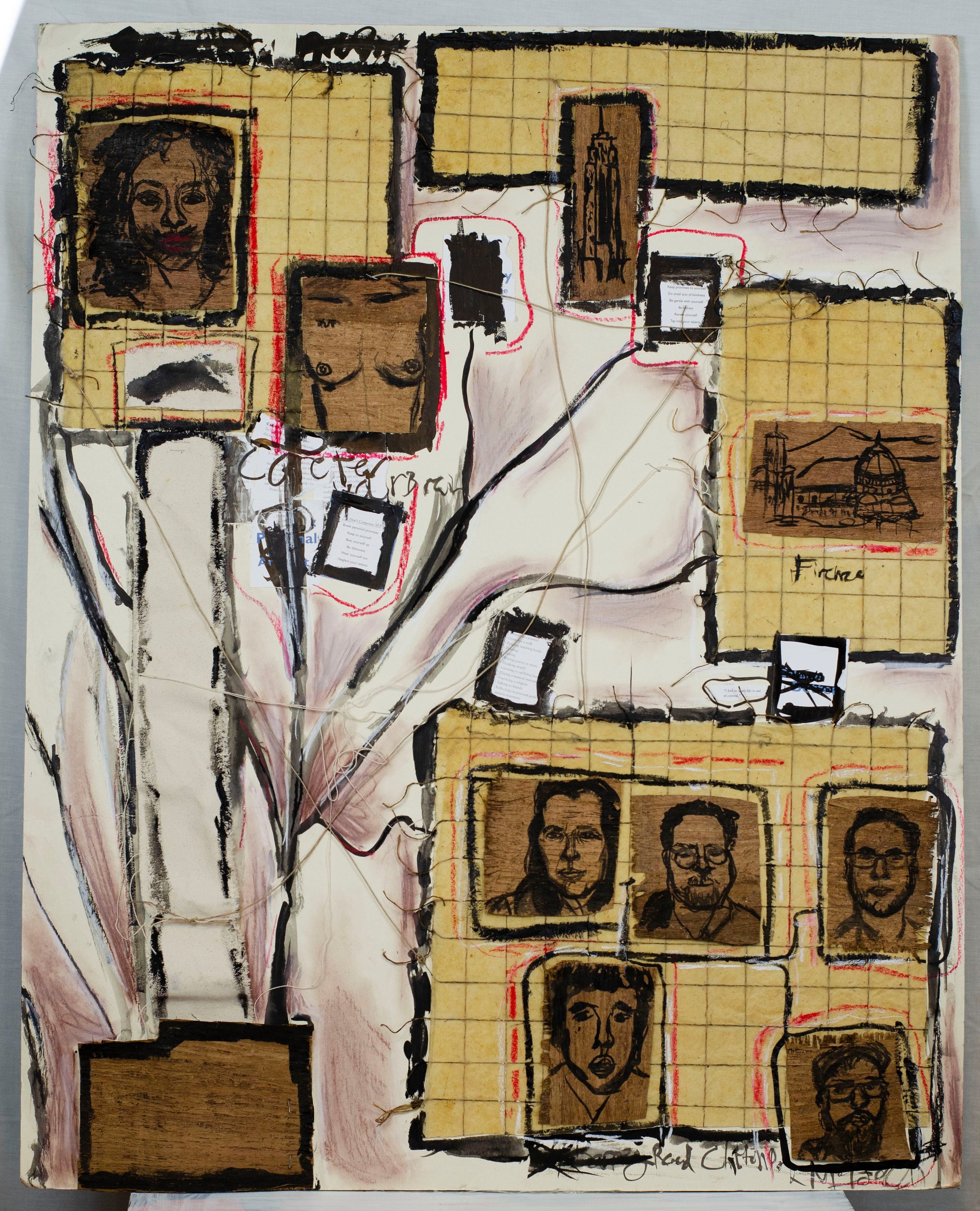 "Mind Map" Papyrus, String, Collage, Ink, Canvas, on Board 24x30"