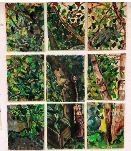 "Madonna with the Long Neck" Oil on 9 9x12" Canvases  2019