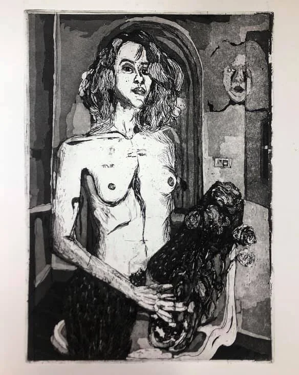 "Pigeon Chest" Hardground, Sugarlift, Pastel Crayon, and Acquatint on Zinc 12x18"