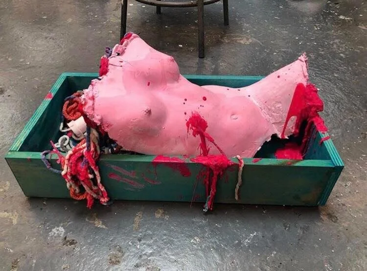 "Trying to Get Up" Resin cast, Wax, Wire, Plywood, Yarn. 26x13x14"