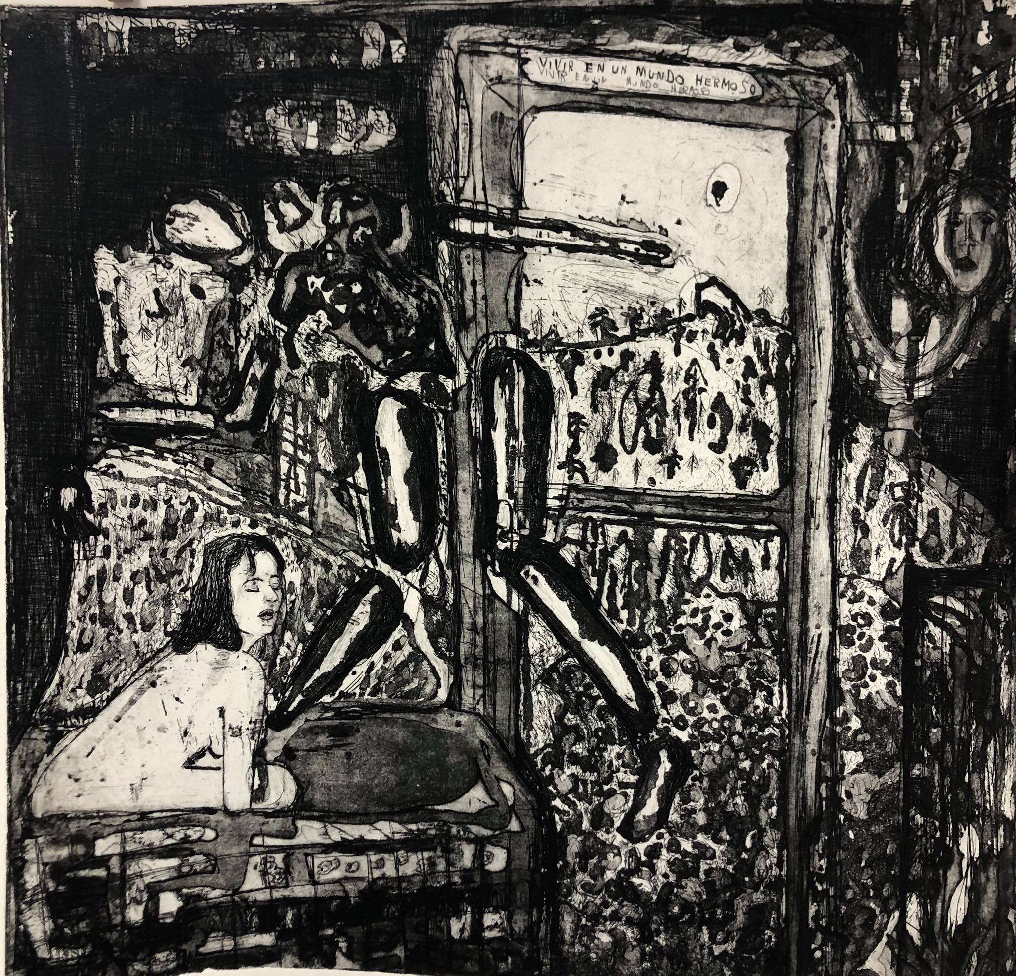 "Viver en un Mundo Hermoso."  Hardground, Sugarlift, Acquatint on zinc plate 24x24"