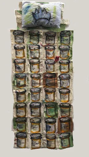 "32 Pills" Oil Paint, Yarn, Wax, Pillow, and Glue on Unstretched Canvas 40x76" 2019