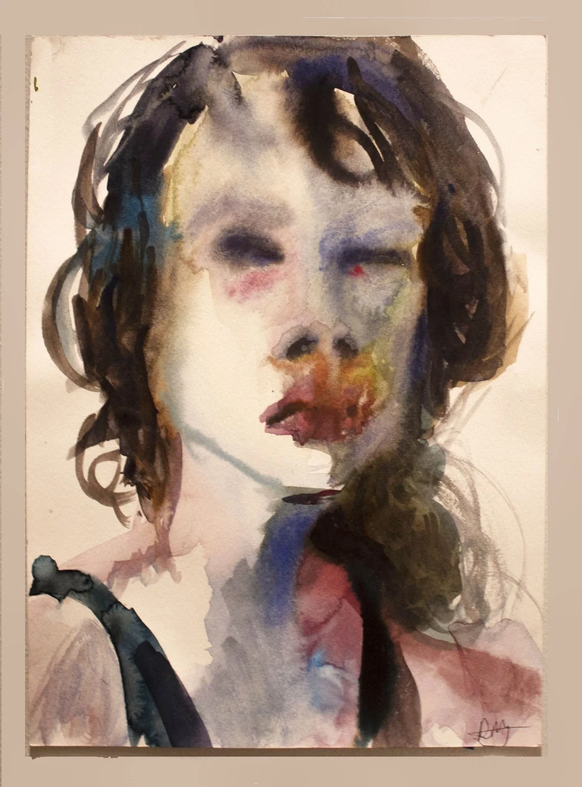 "Self Portrait. With The Bleeding Lips" Watercolor on paper 8x12" 2018 