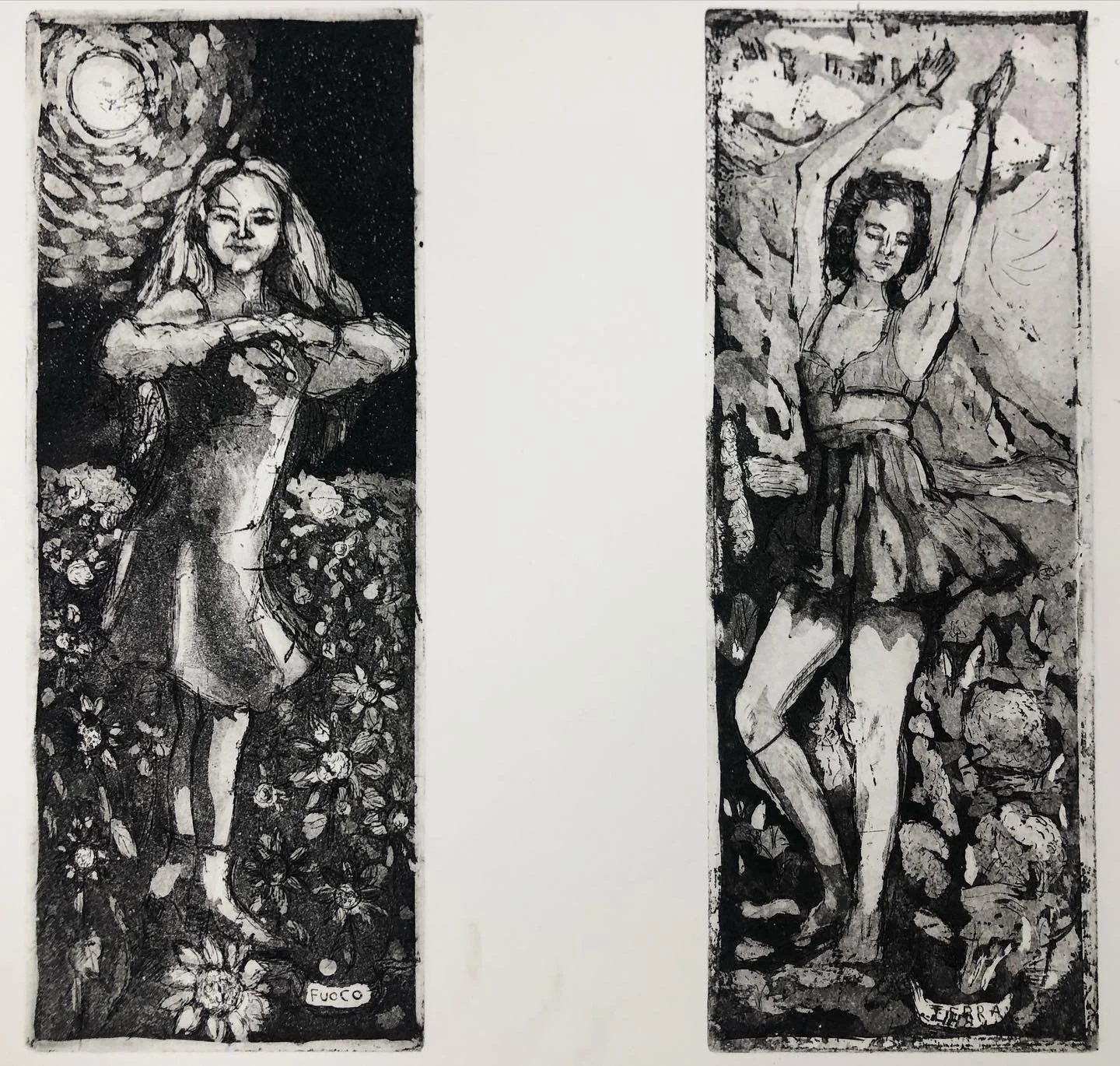 "Fuoco e Terra" Acquaforte e Acquatinta 2 Lastre di Zinco 3x7" separatamente 