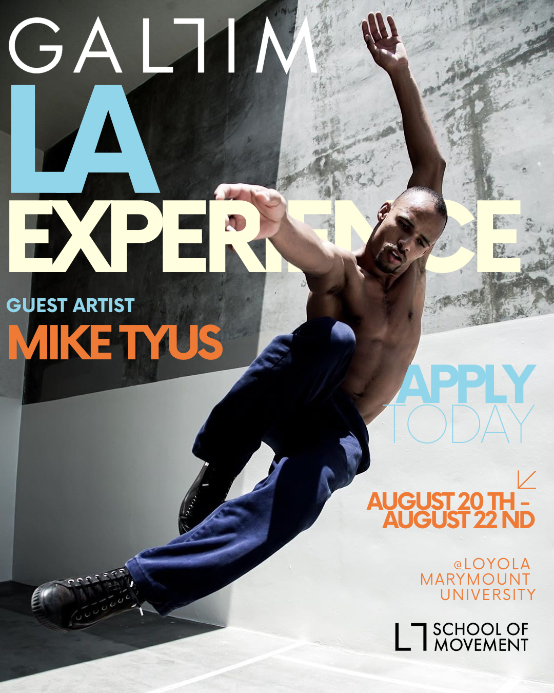 An intense male dancer mid-air in a modern, concrete-walled room, promoting a dance experience event with bold text overlay including event details and guest artist Mike Tyus.