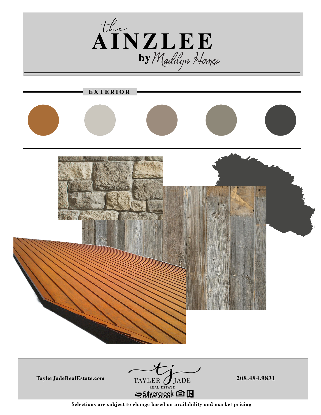 Design board for "The Ainzlee" by Maddyn Homes, showcasing exterior textures and colors, including a stone pattern, wood textures, and a palette of earth tones. Tayler Jade Real Estate contact details included.
