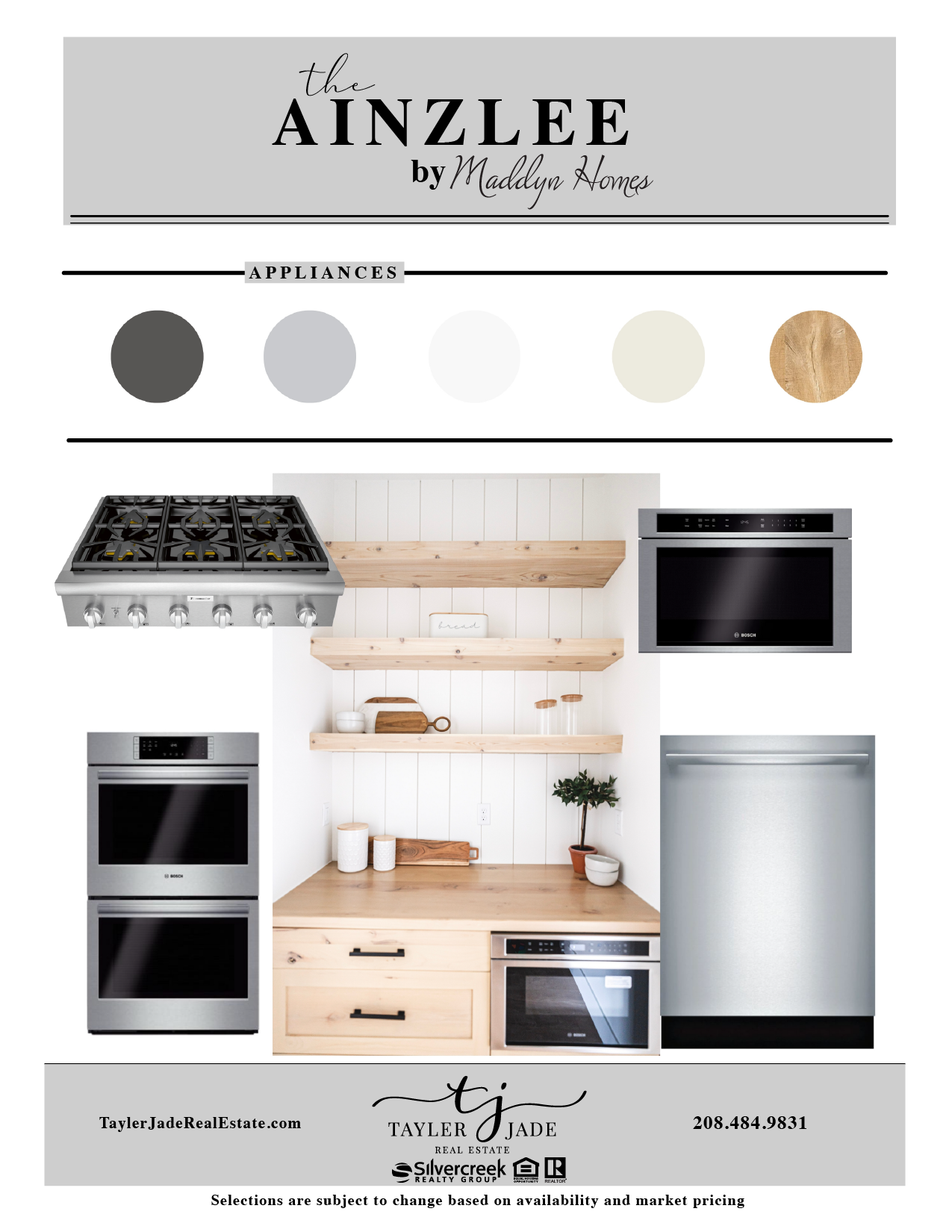 Kitchen design featuring appliances and color palette for "The Ainzlee" by Maddyn Homes. Includes stainless steel stove, oven, microwave, and dishwasher, with natural wood shelves and cabinetry. Color swatches: dark gray, light gray, off-white, beige