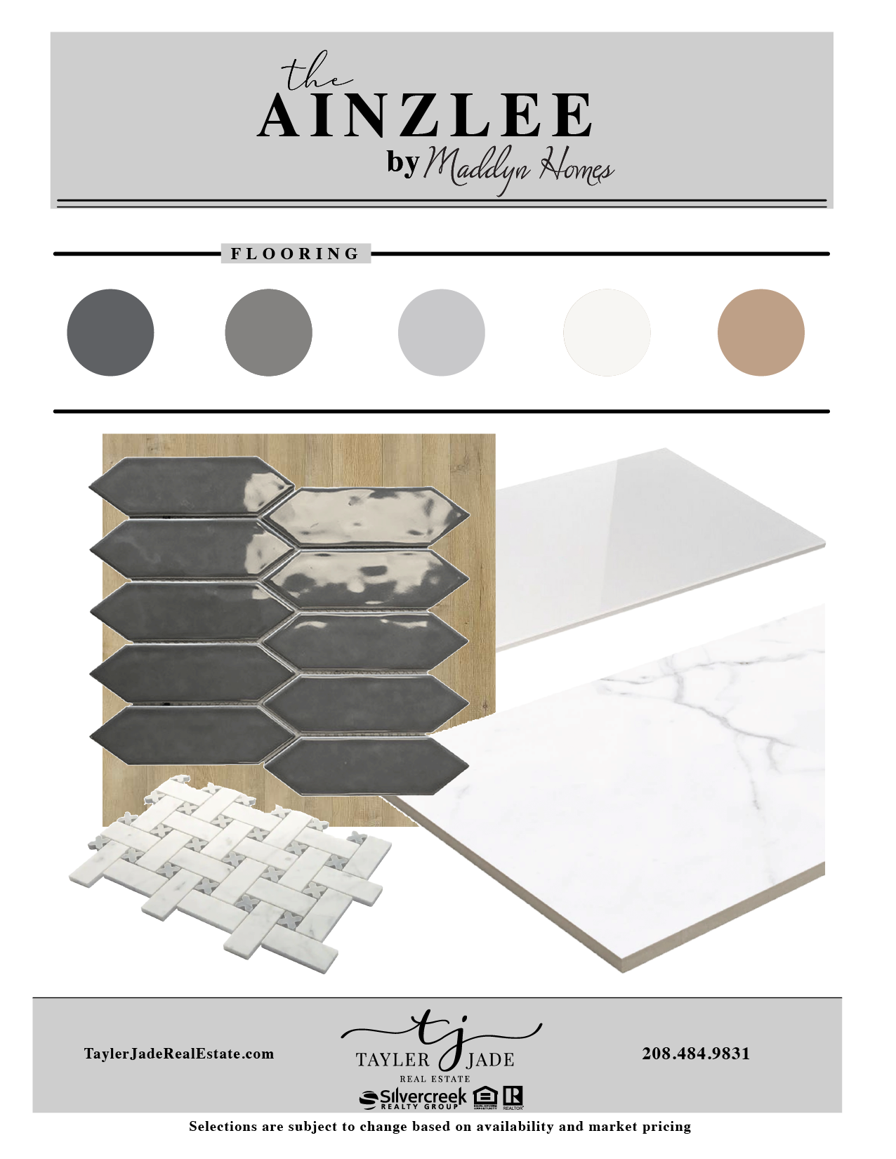 Design board for "The Ainzlee" by Madlyn Homes featuring flooring options, color swatches in gray tones, white, and beige; includes various tile samples on a wooden surface.