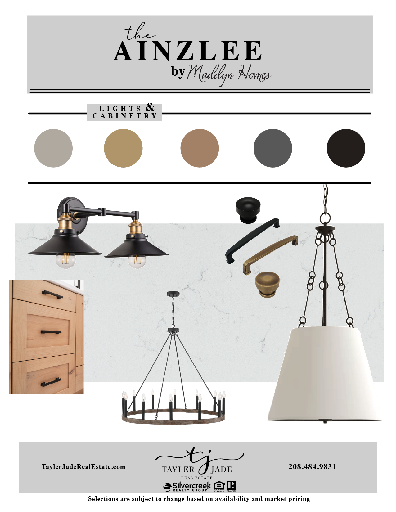Design board for "The Ainzee" by Maddyn Homes featuring lighting and cabinetry options. Includes color palette with gray, beige, and brown tones, images of pendant lights, chandeliers, cabinet handles, and a section of wooden cabinetry. Logo and cont