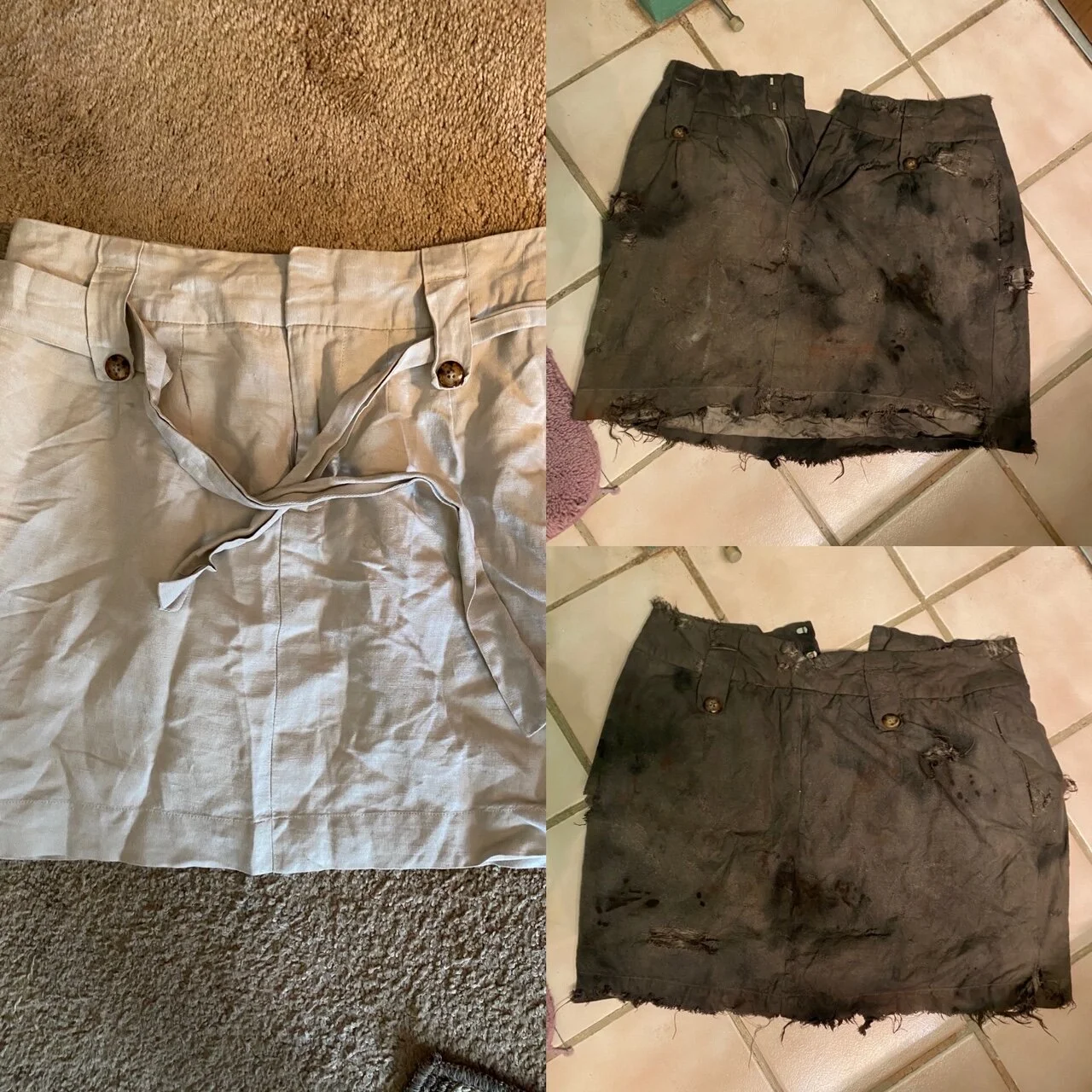 This project required using at home materials. The skirt was coffee dyed, blotted with black and brown acrylic paint and distressed with a razor blade and cheese grater.