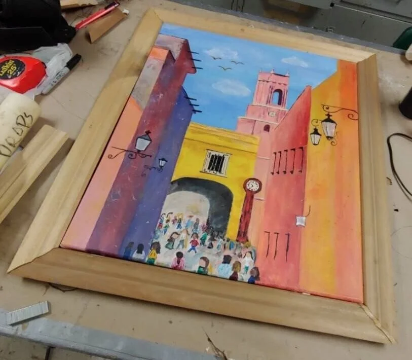 Hand painted with a custom frame made by me 