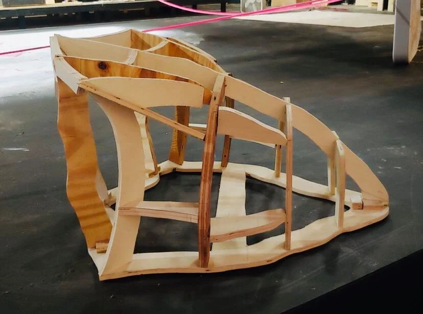 Temporary plywood frame used to attach ratan to