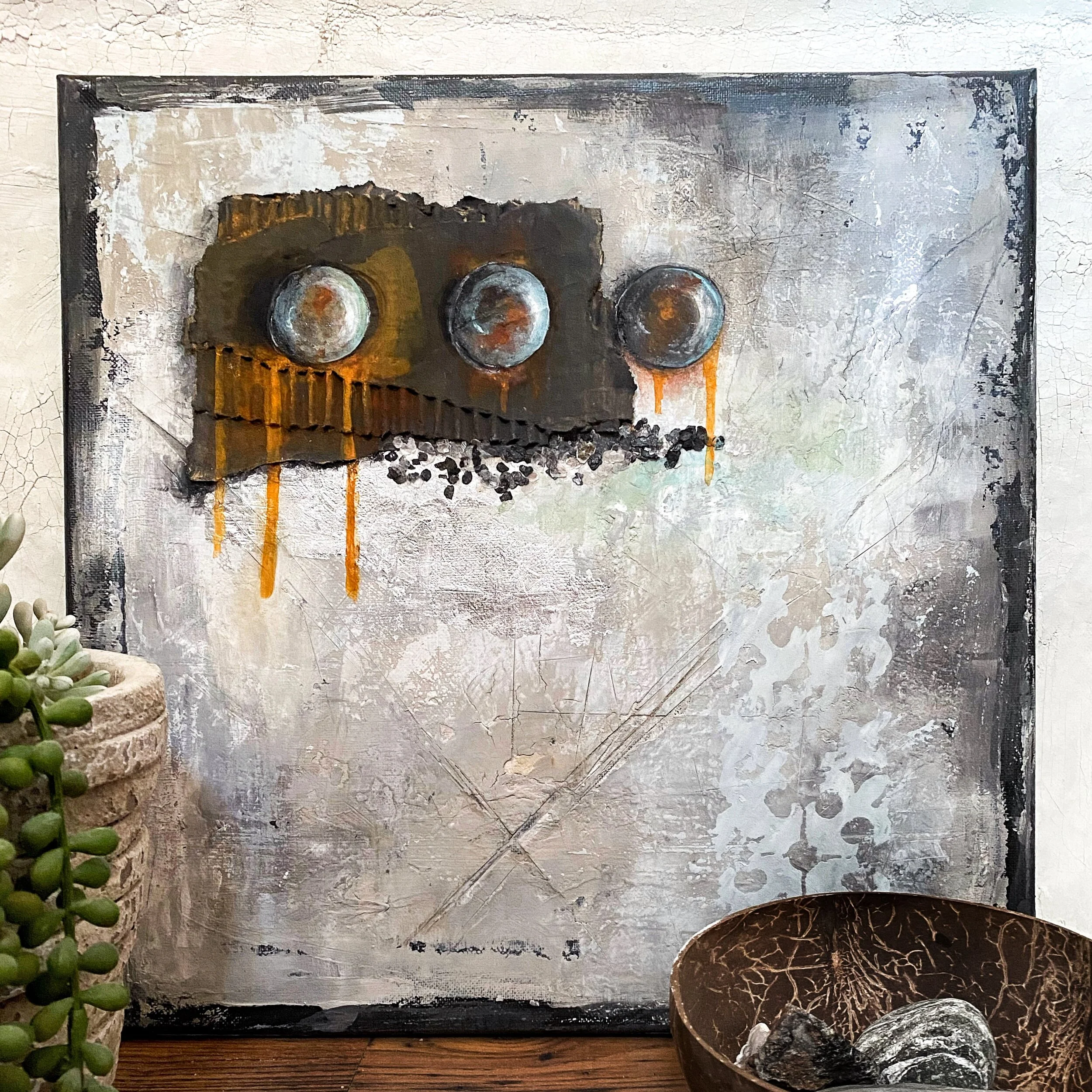 industrial decor loft living trompe l'oeil art metal element fool the eye artwork patina contemporary mixed media  painting industrial syle interior design decor rust