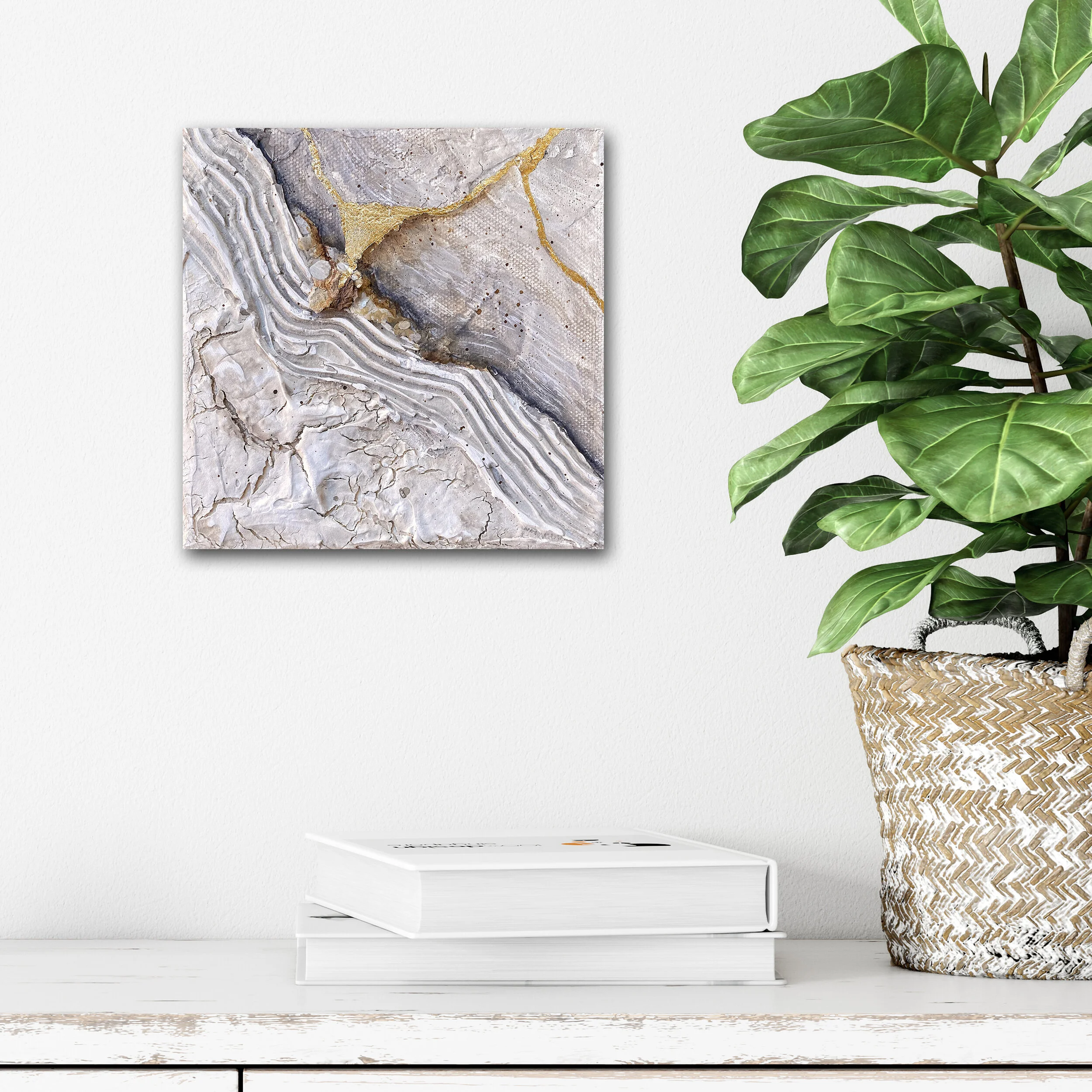 rock painting stone textural art neutral home decor geode art kitsugi wabi sabi style interior design Japandi