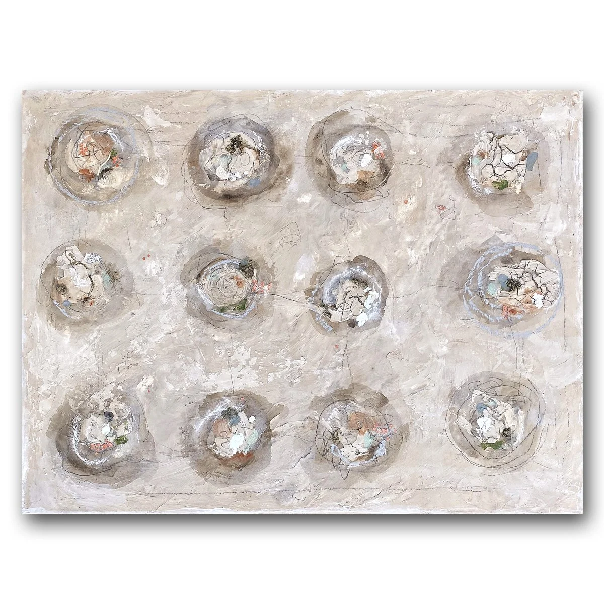 Abstract minimalist painting with circular forms and raw plaster texture inspired by the tranquility of nature and featuring organic earth pigments.