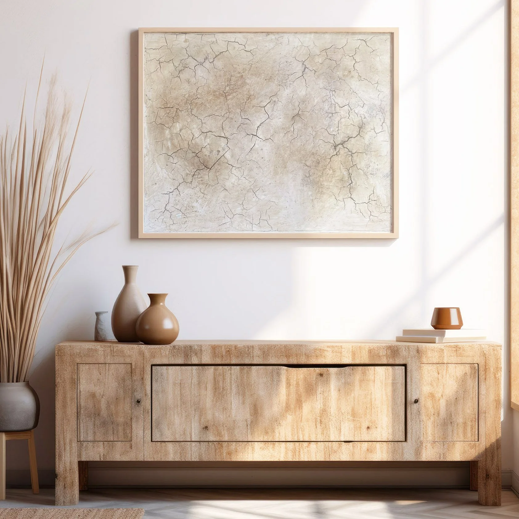 Neutral Raku style painting textural cracks Japandi abstract minimal decor neutral earth natural earth pigment artwork contemporary abstract wabi sabi crackle jennifer lorton foyer