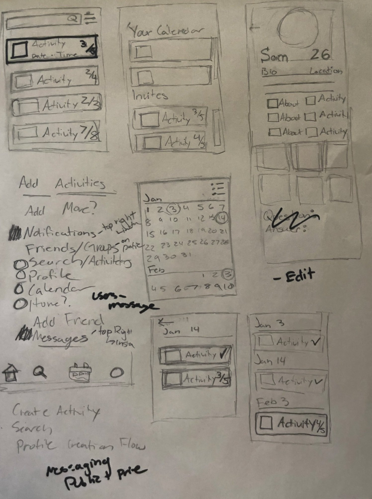 Initial brainstorming sketches of the Kick It app