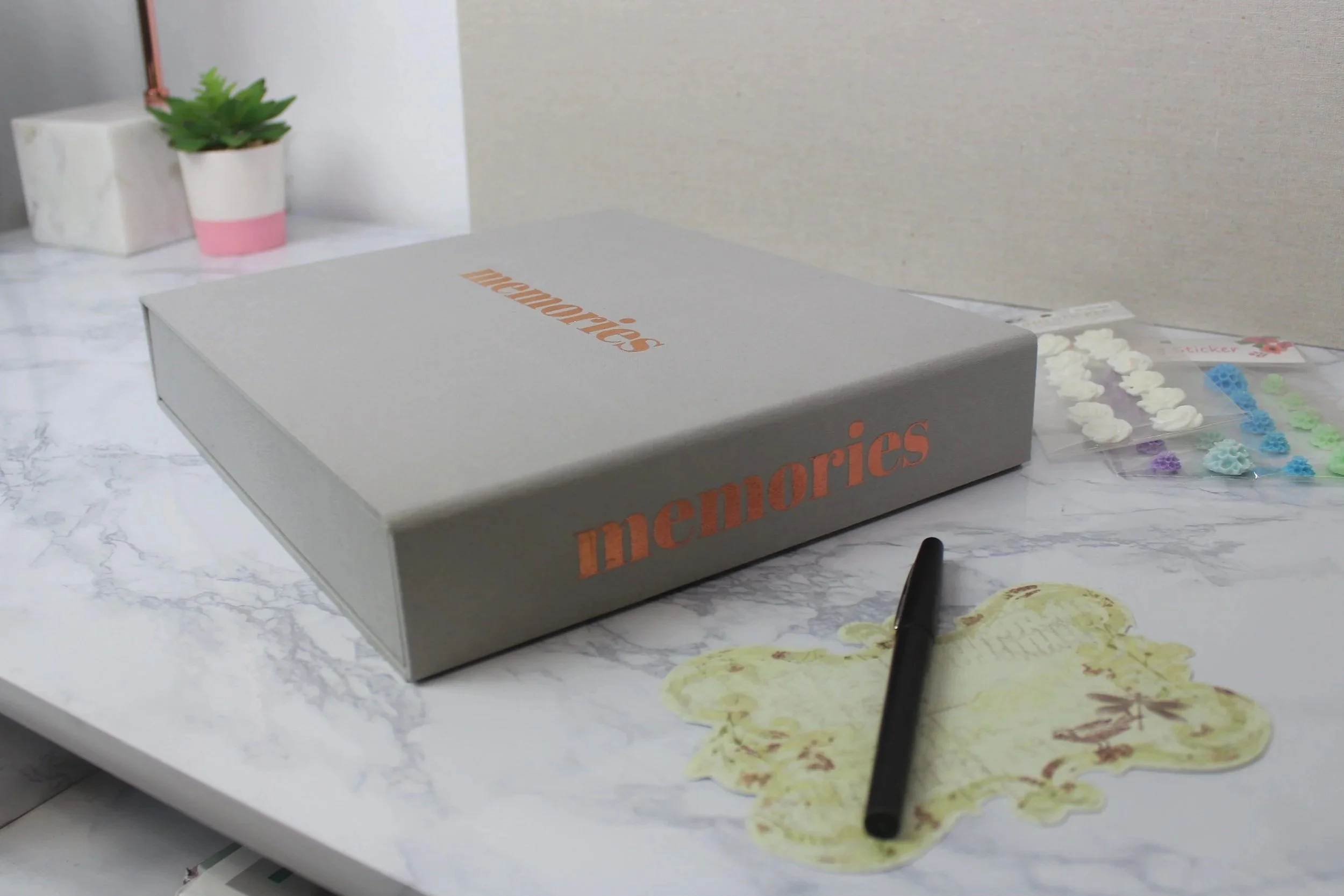I designed this on a digital template for MYX Product company. I chose fabric and font foil from factory books and they created the finished product.