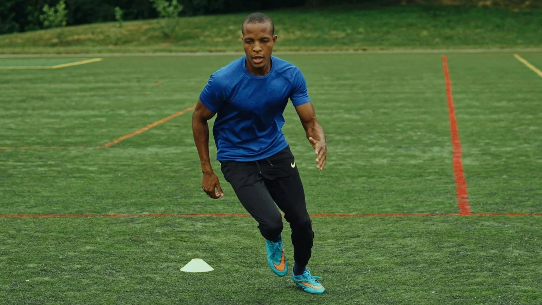 Athlete performing agility and change of direction drills during return to sport rehabilitation