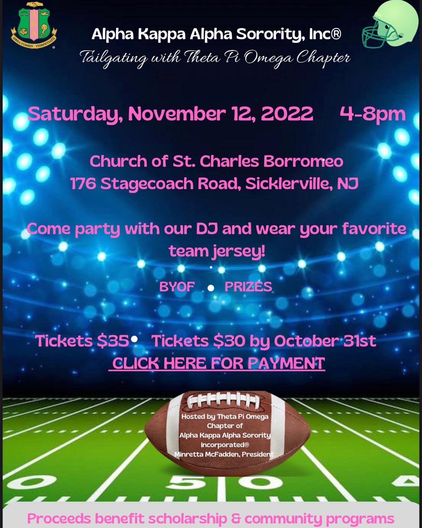 https://www.eventbrite.com/e/410199015297 💗💚🏈 Join the lovely ladies of Theta Pi Omega and wear your favorite sports team jersey as we enjoy a day of food, music and prizes! #tailgating #southjersey #aka1908 #nar1908 #thetapiomega