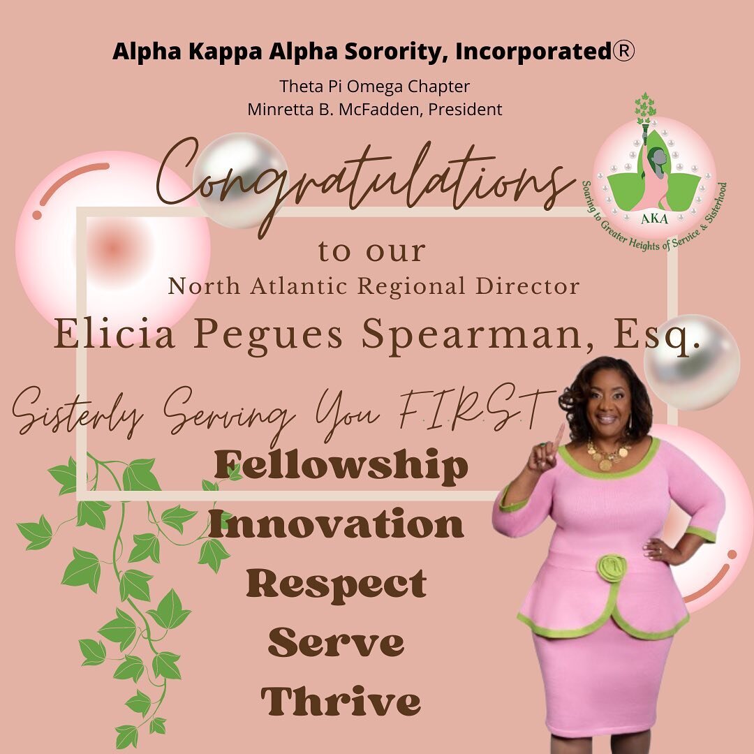 Theta Pi Omega congratulates and welcomes our 35th  AKA North Atlantic Regional Director, Elicia Pegues Spearman, Esq. #aka1908 #nar #tpo