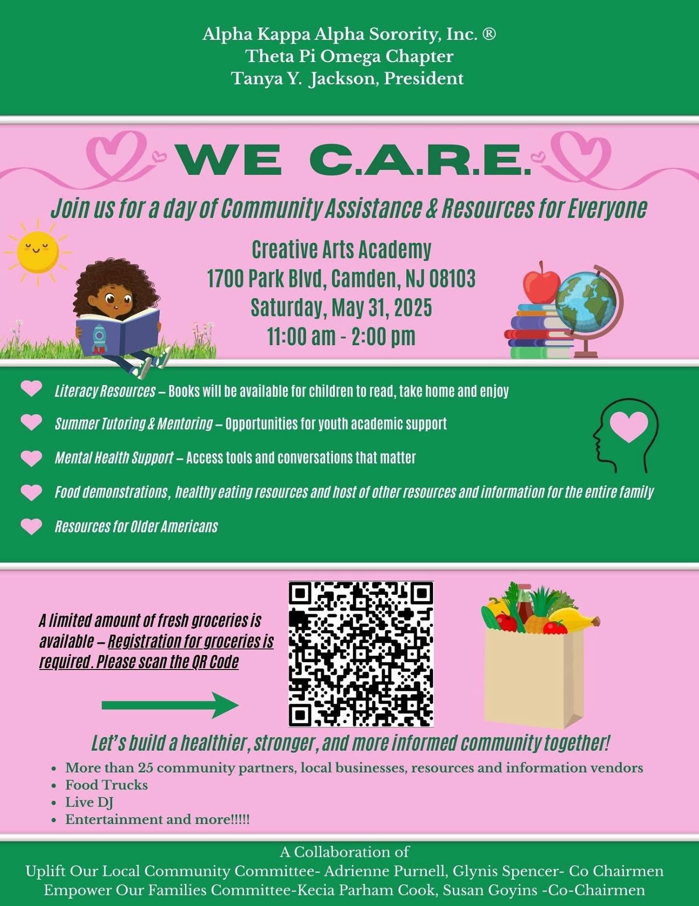 This is a reminder that the Uplift Our Local Community and Empower Our Families Committees will be hosting our inaugural WE CARE Event tomorrow, Saturday, May 31! 

We are super excited about this event and what it means to the communities we serve. 