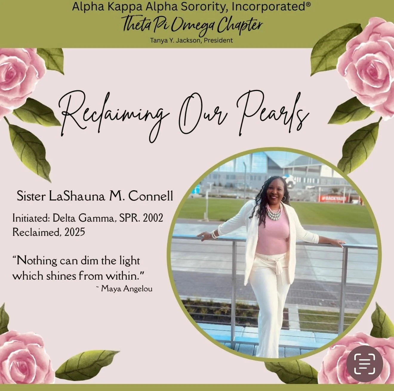 Reclaiming Our Pearls 🩷💚 | Welcome Home 🩷💚
As part of our Reclaiming Our Pearls Campaign, we are overjoyed to welcome our reactivated Sister LaShauna M. Connell to Theta Pi Omega Chapter.

Thank you for reconnecting with Alpha Kappa Alpha and con