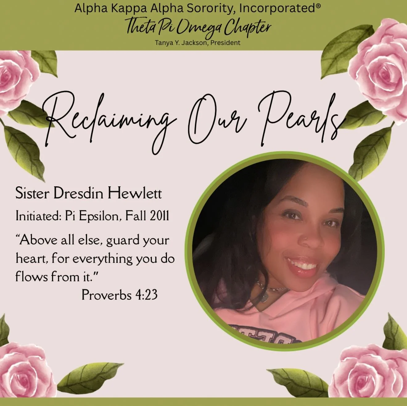 Reclaiming Our Pearls 🩷💚 | Welcome Home 🩷💚
As part of our Reclaiming Our Pearls Campaign, we are overjoyed to welcome our reactivated Sister Dresdin Hewlett to Theta Pi Omega Chapter.

Thank you for reconnecting with Alpha Kappa Alpha and continu