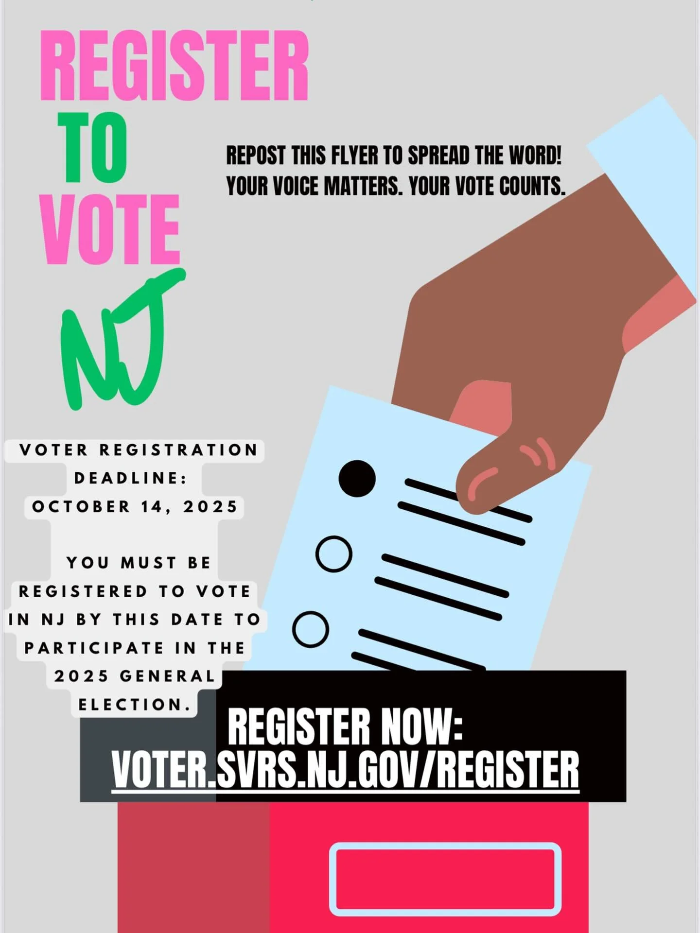 🗳️New Jersey Voter Registration deadline is October 14, 2025! Please visit the link to ensure you are registered to vote for this upcoming election on November 4, 2025.
https://voter.svrs.nj.gov/register
#registertovote