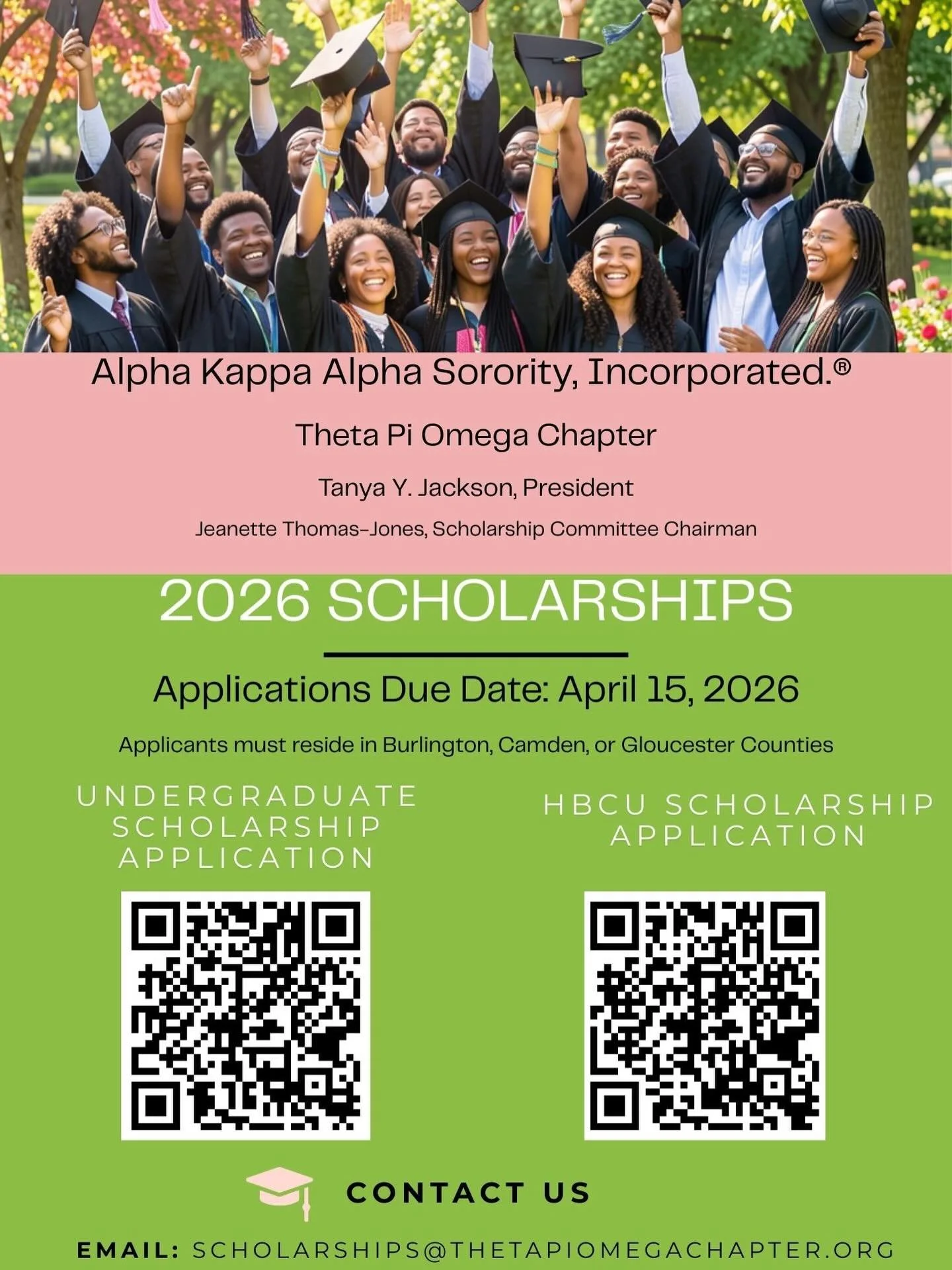 Alpha Kappa Alpha Sorority, Inc., Theta Pi Omega Chapter, is now accepting applications for undergraduate scholarships. 

Eligible applicants must be high school seniors and residents of Gloucester, Camden, or Burlington counties. 

Applications are 