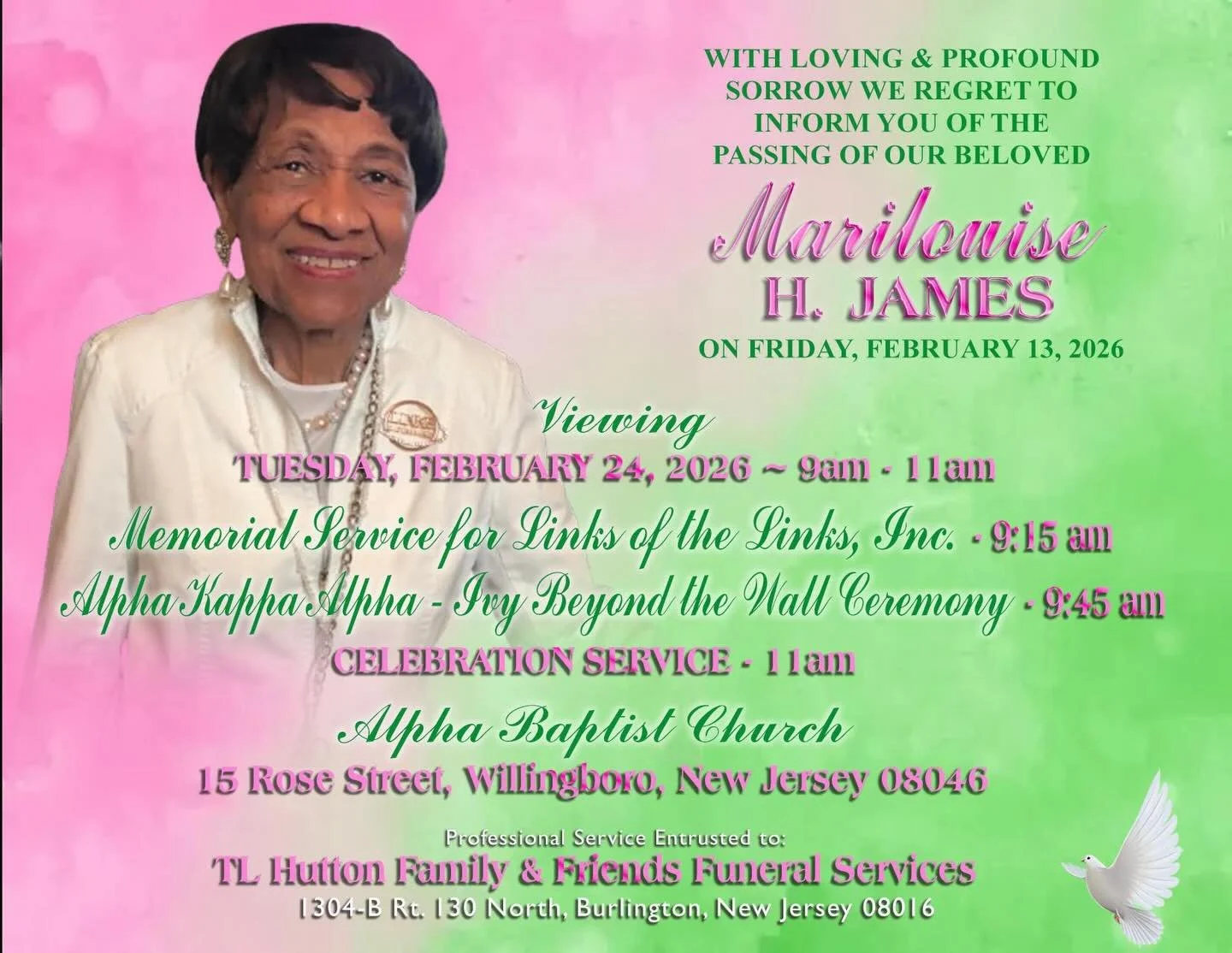 We mourn the loss of our dear sister, Mrs. Marilouise H. James, a cherished gem and trailblazer who passed away on February 13, 2026. She was 101.

A beloved Life and Diamond member of our sisterhood, Mrs. James held more than 75 years of dedicated m