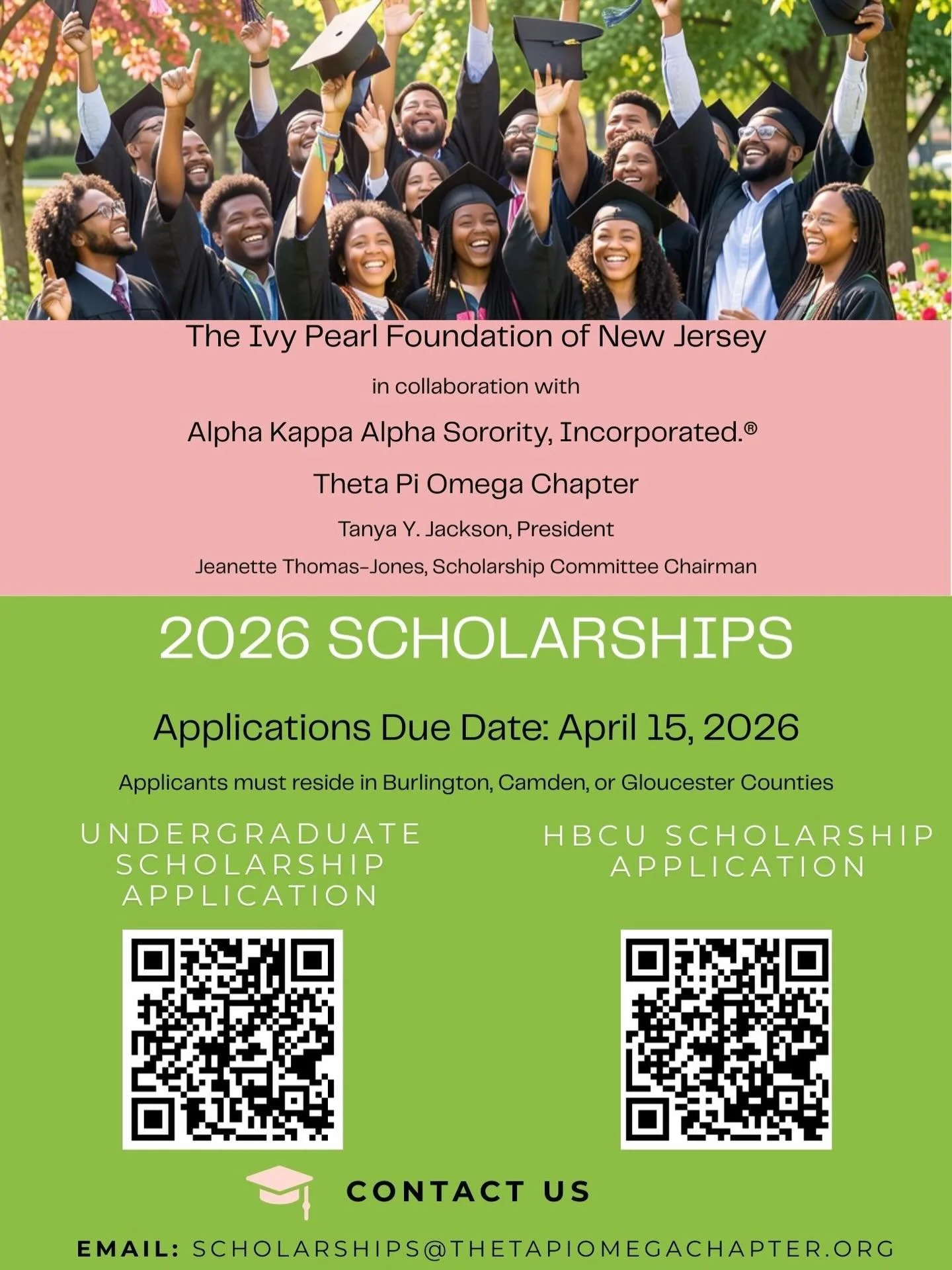 The Ivy Pearl Foundation of New Jersey, in collaboration with Alpha Kappa Alpha Sorority, Inc., Theta Pi Omega Chapter, is now accepting applications for undergraduate scholarships.  Eligible applicants must be high school seniors and residents of Gl
