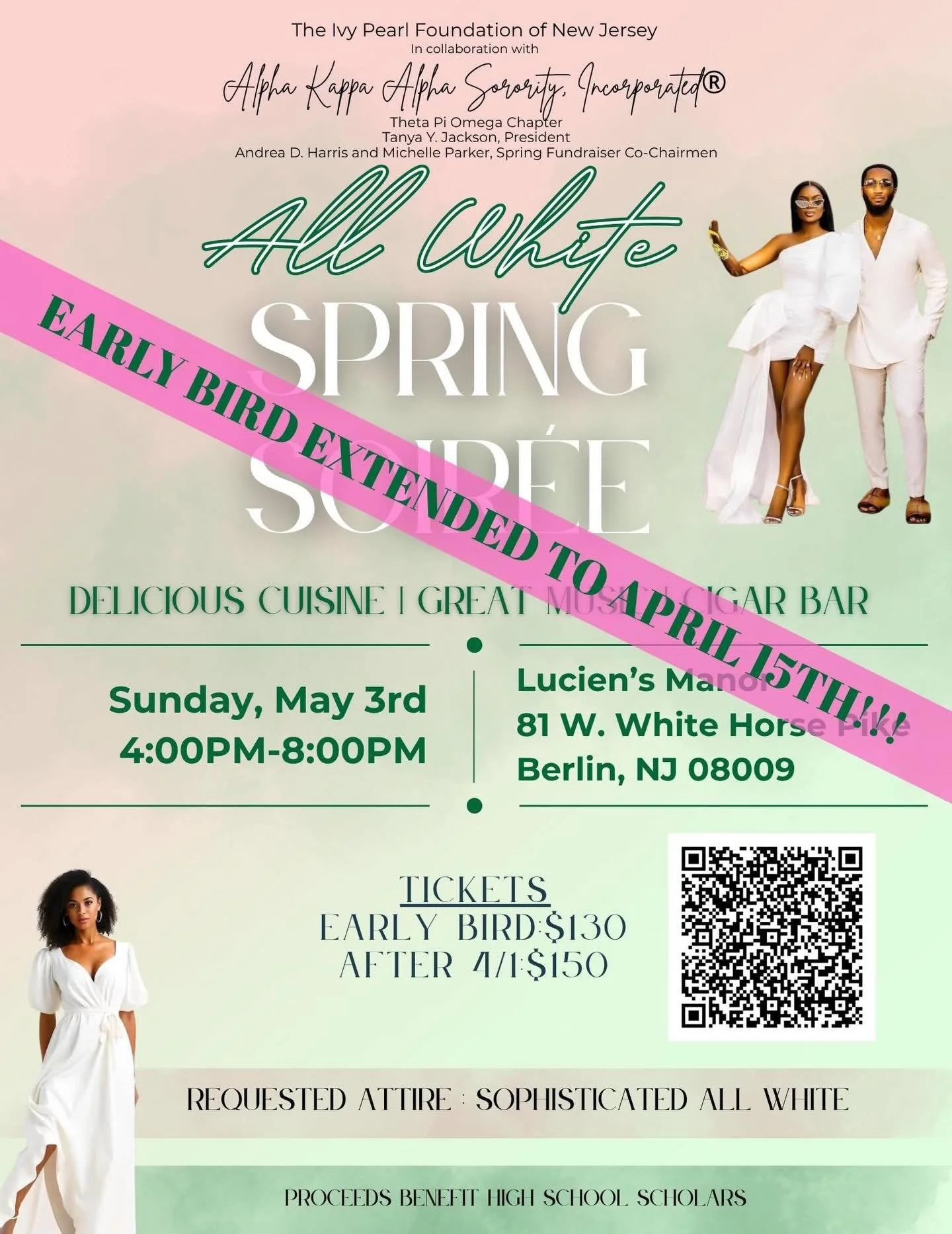 Discounted ticket deadline extended to April 15! The season&rsquo;s most anticipated event is finally here! Join us for our All White Spring Soir&eacute;e on Sunday, May 3rd! Tickets can be purchased using the zeffy link below or via the QR code on t