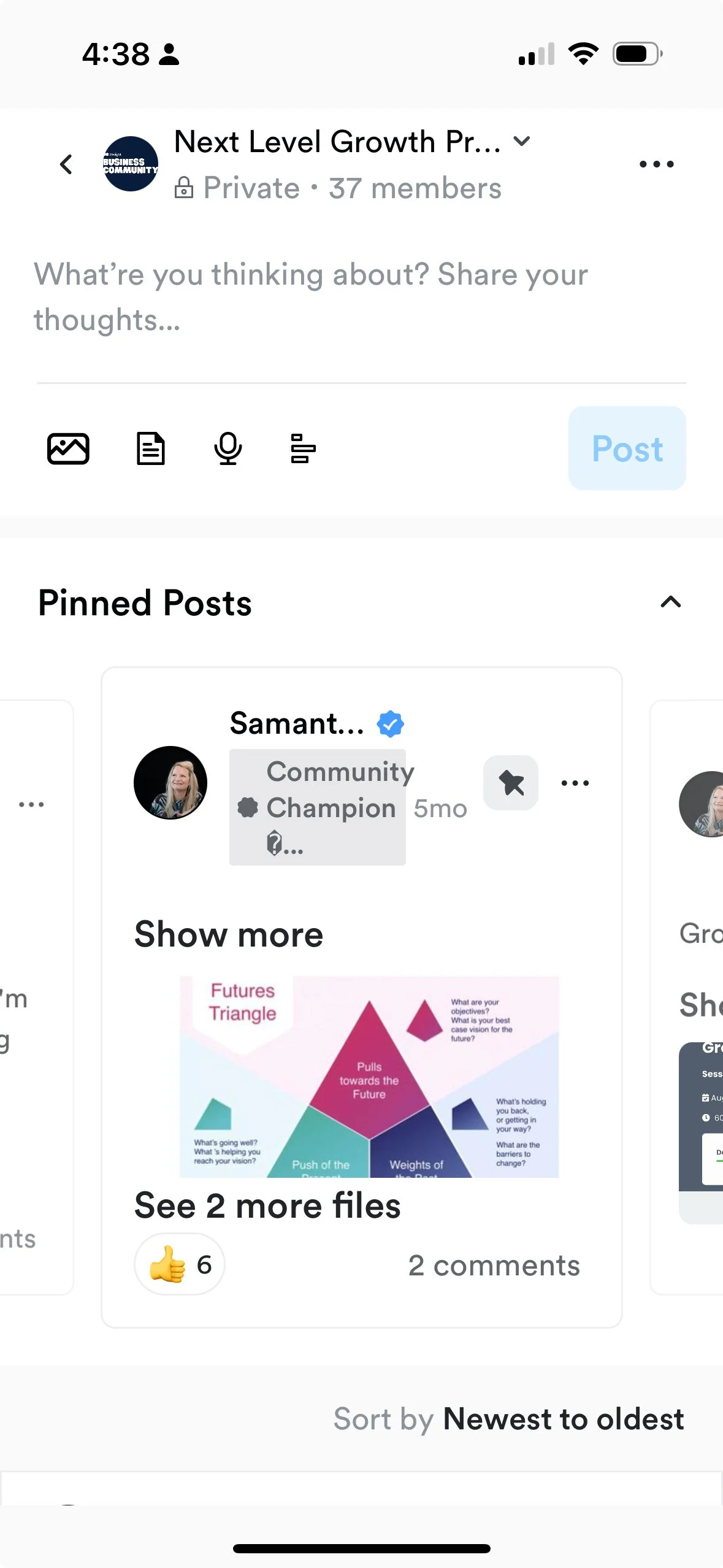 Screenshot of a Facebook group page called 'Next Level Growth Pro' with 37 members. The pinned post shows a colorful diagram labeled 'Futures Triangle' with sections, questions, and captions related to future planning and growth.