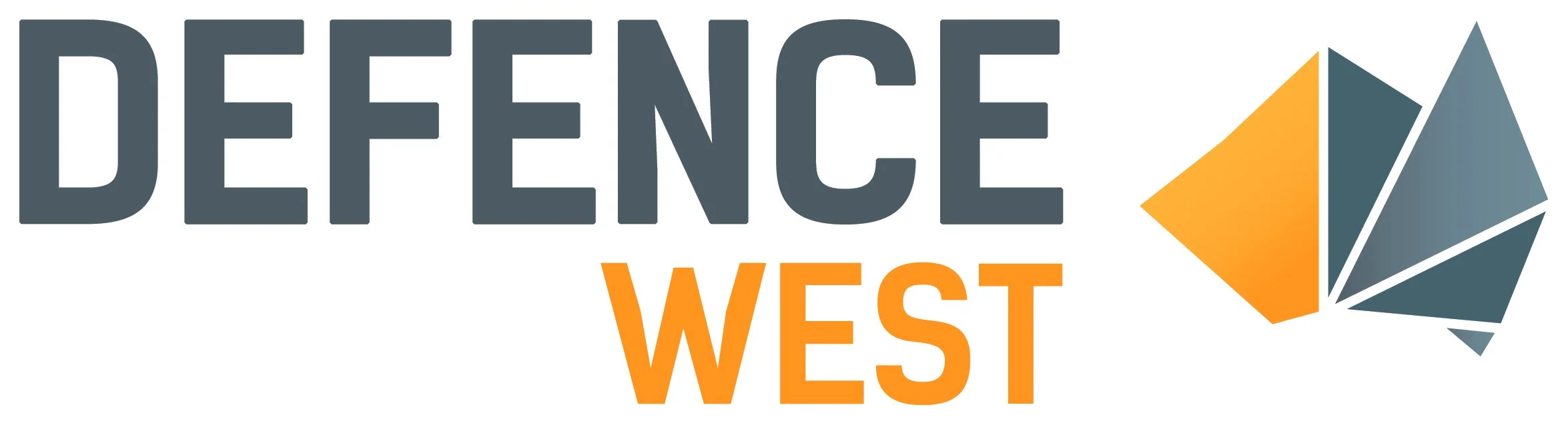 Logo for Defence West featuring the words 'DEFENCE WEST' with 'WEST' in orange, and a stylized geometric shape in shades of gray and orange.