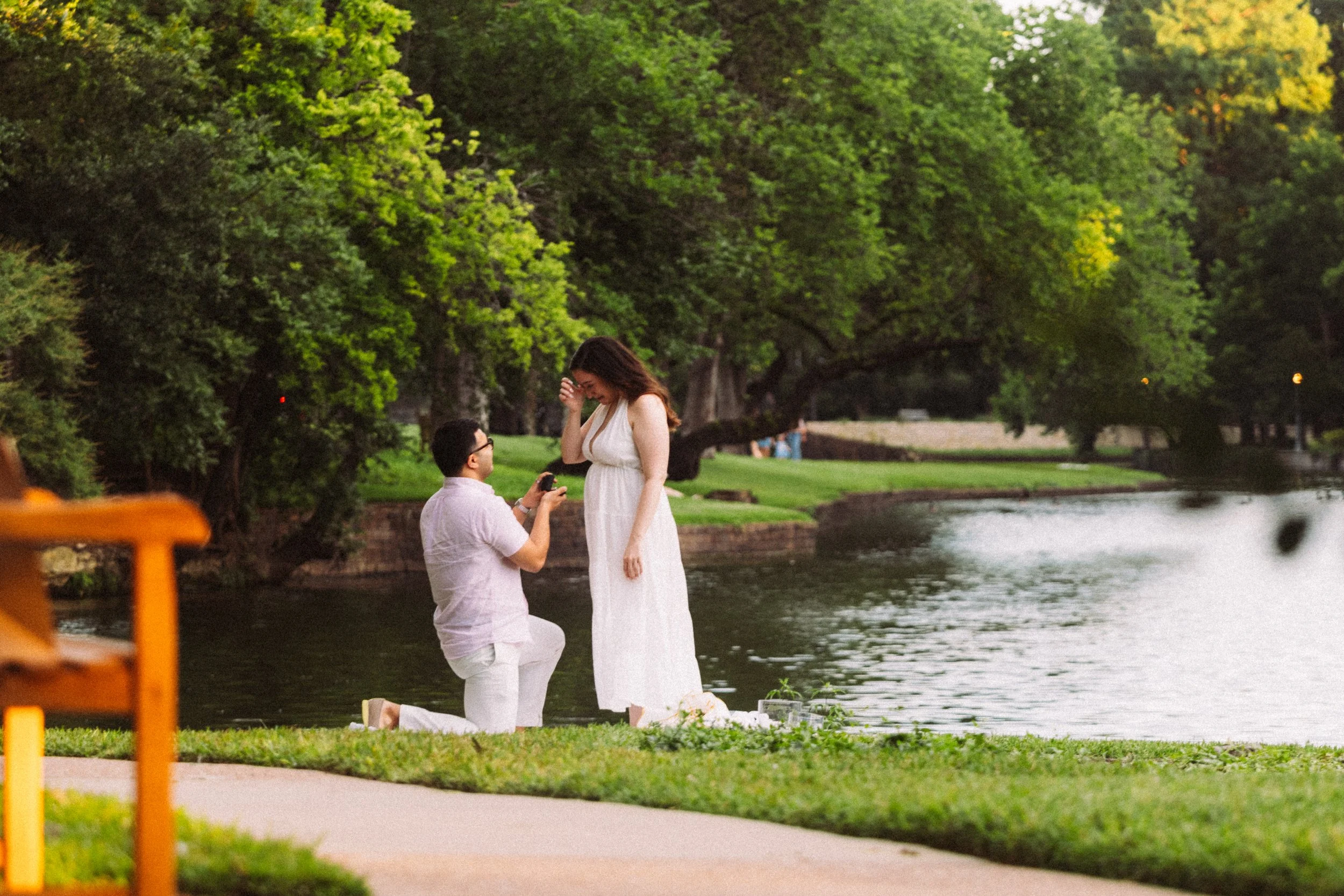 A man proposes marriage to a woman by the water in a park with trees, with a small dog nearby and blurred background of trees and water.