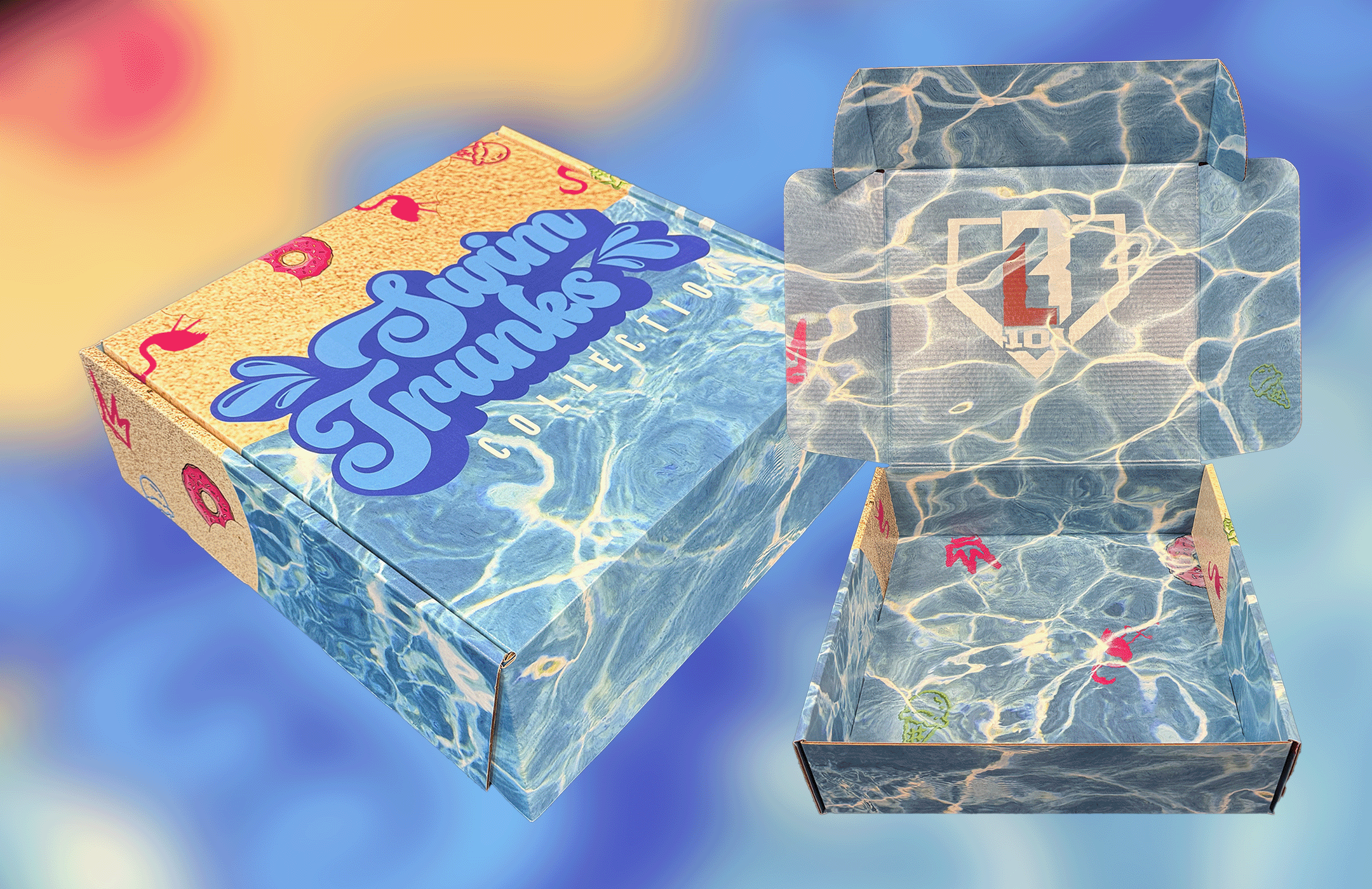 A GIF of Baseball Lifestyle 101 PR boxes featuring unique designs. One box is swimming trunks themes, with water waves and beach sand—the other is Rain Delay themed, with lighting strikes and a stormy inspired design.